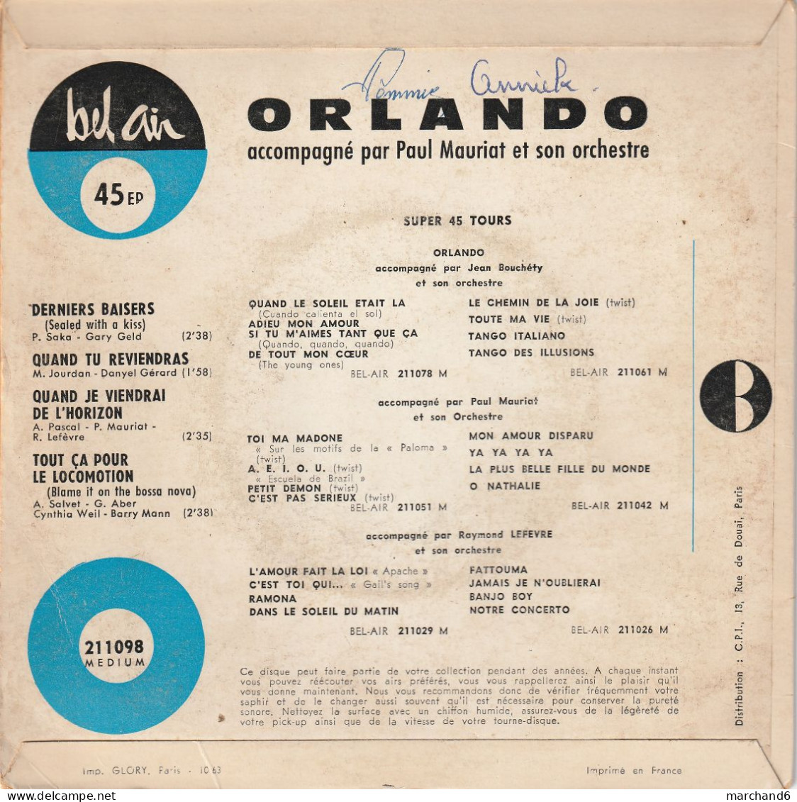 Orlando Bel Air 211 098 10/63 Derniers Baisers/quand Tu Reviendras/quand Je Viendrai De L Horizon/tout Ca Pour Le Locomo - Andere - Franstalig