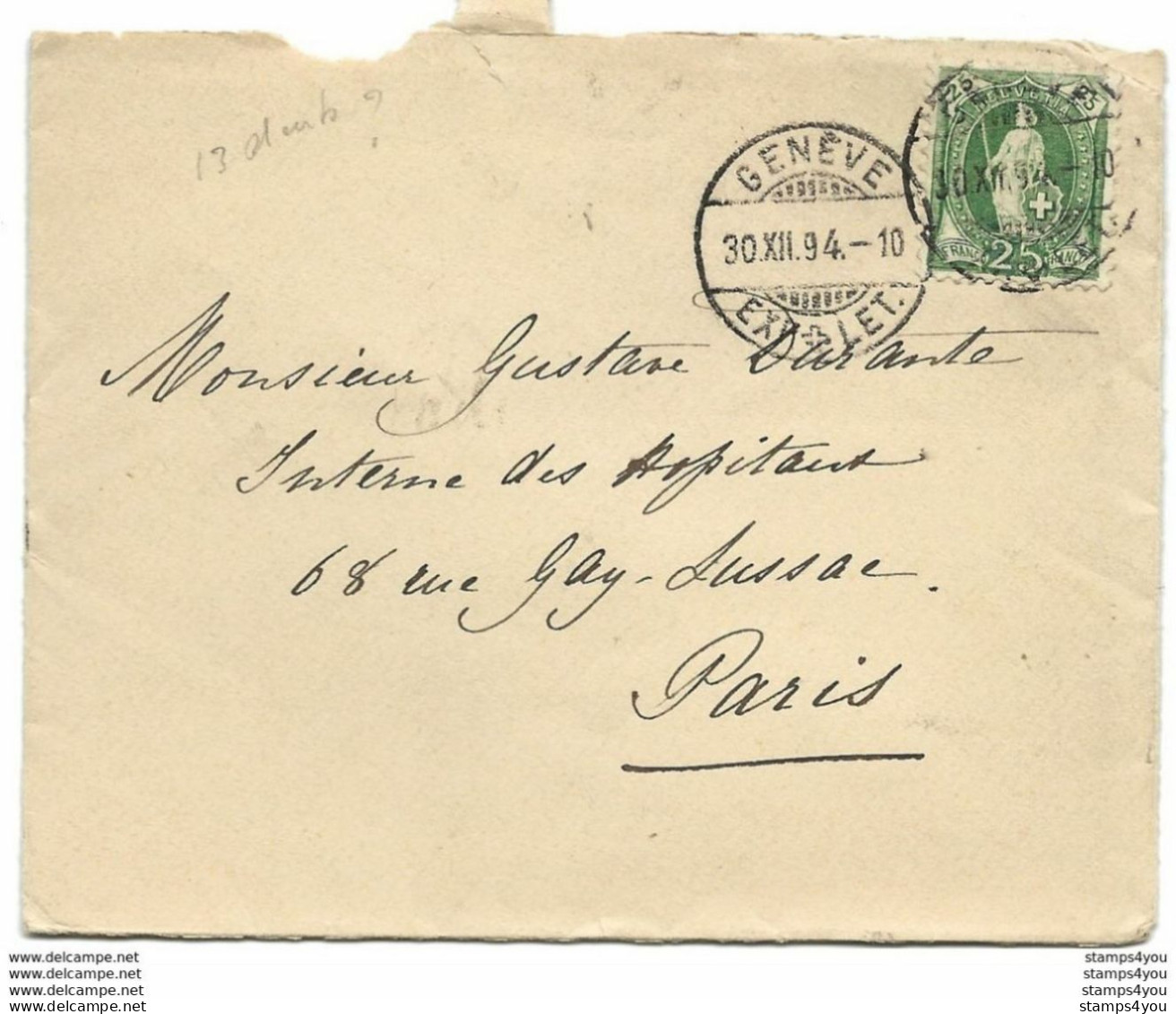 25 - 20 - Enveloppe Envoyée De Genève à Paris 1894 - Cartas & Documentos