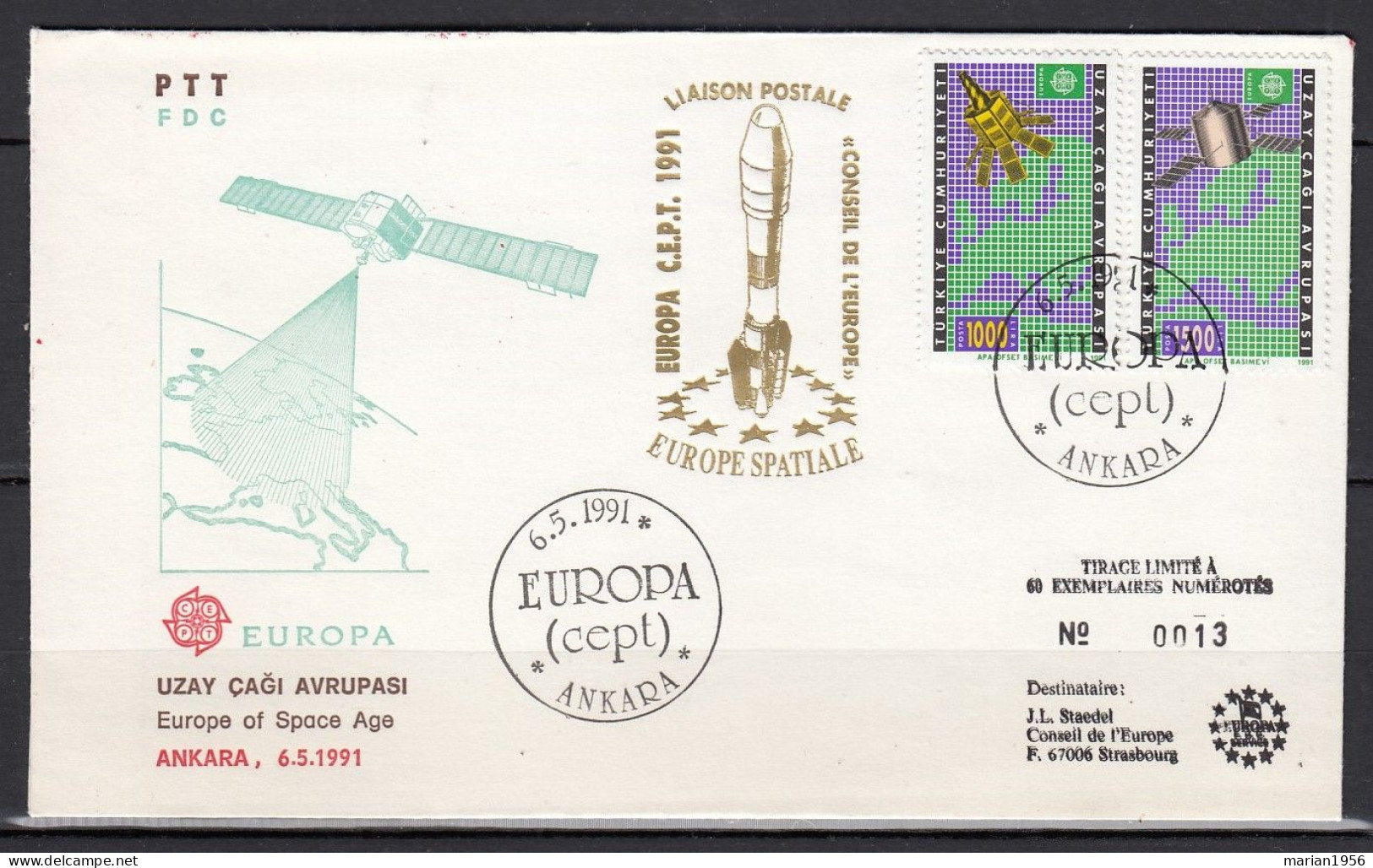 Turquie 1991 - FDC Special - EUROPA CEPT - Europe Spatiale - Tirage Limite A 60 Ex.numerotes - 1991