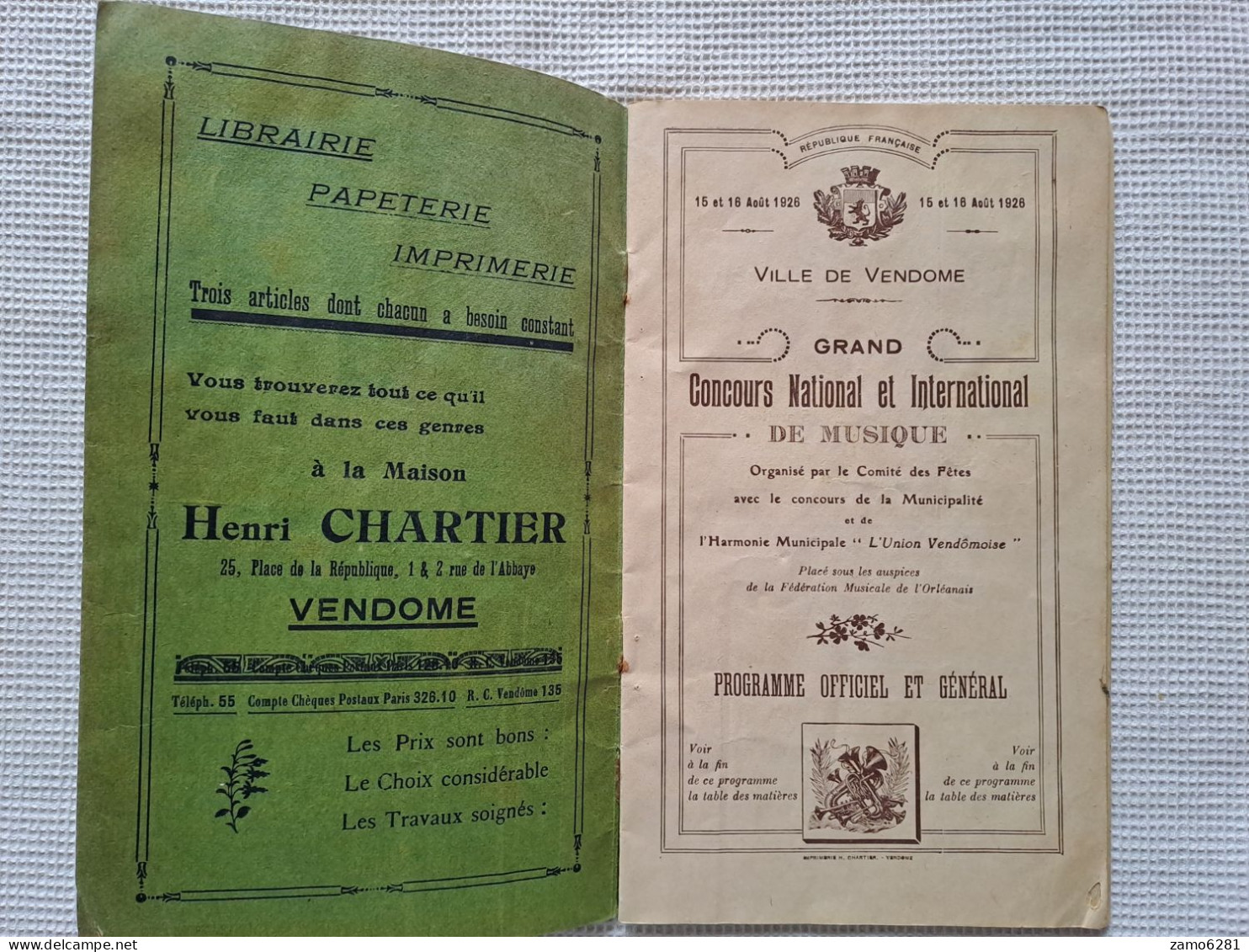 Grand Concours National Et International De Musique - Ville De Vendôme - 15 Et 16 Aout 1926 - Programmes