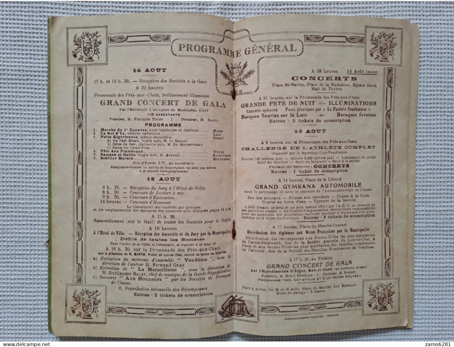 Grand concours national et international de Musique - Ville de Vendôme - 15 et 16 Aout 1926