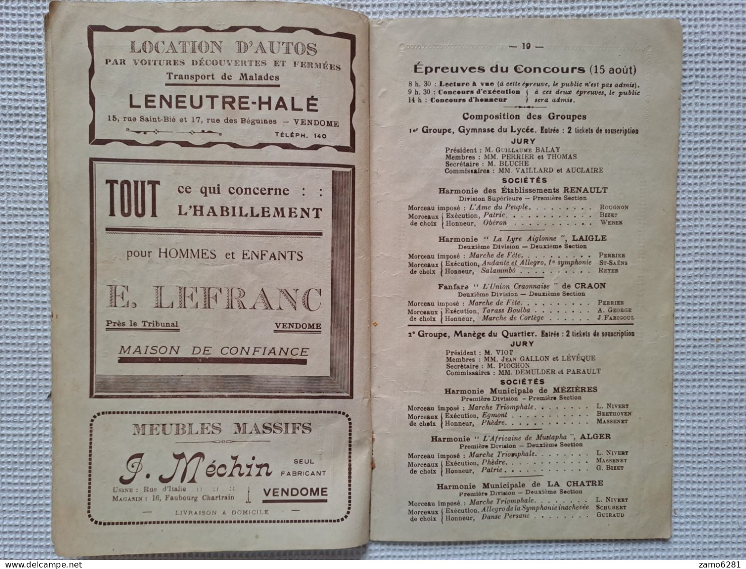 Grand concours national et international de Musique - Ville de Vendôme - 15 et 16 Aout 1926