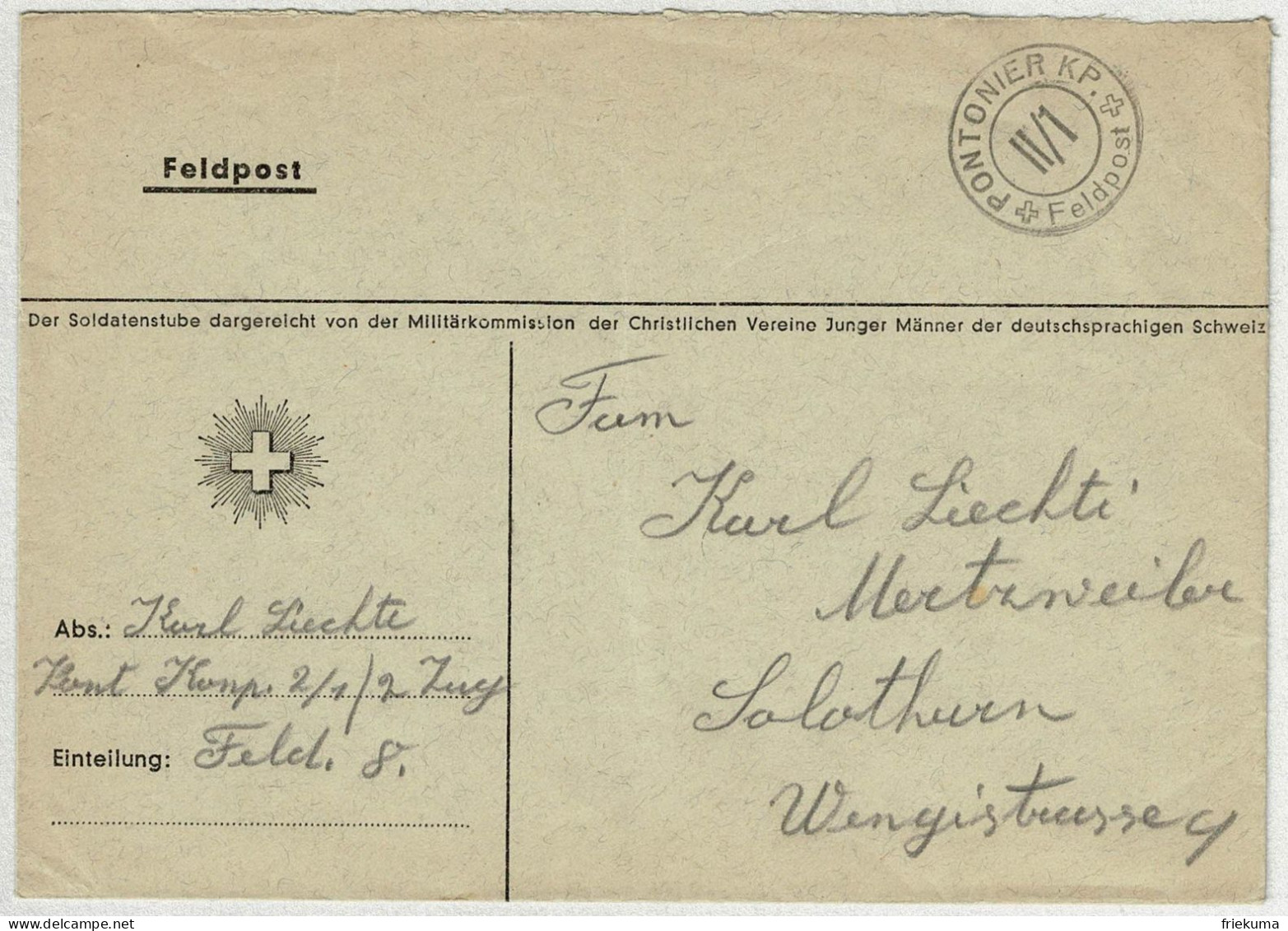 Schweiz, Brief Feldpost Pontonier Kp. II/1 - Solothurn, Courrier Militaire / Field Post - Documents