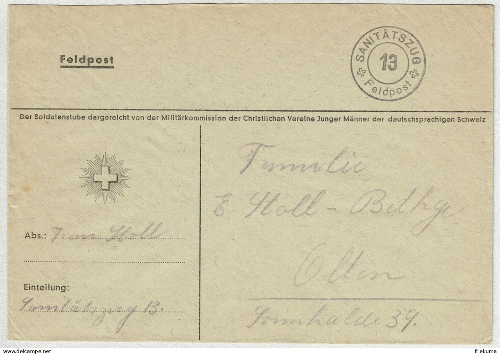 Schweiz, Brief Feldpost Sanitätszug 13 - Olten, Courrier Militaire / Field Post - Dokumente