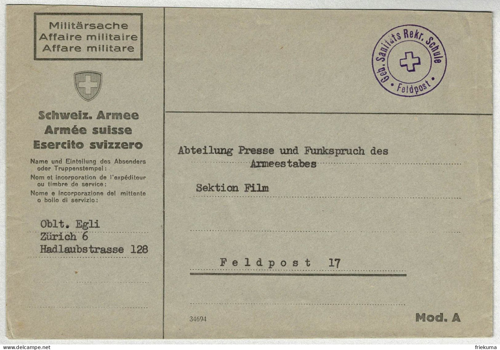 Schweiz, Brief Feldpost Geb. Sanitäts Rekr. Schule, Courrier Militaire / Field Post - Documents