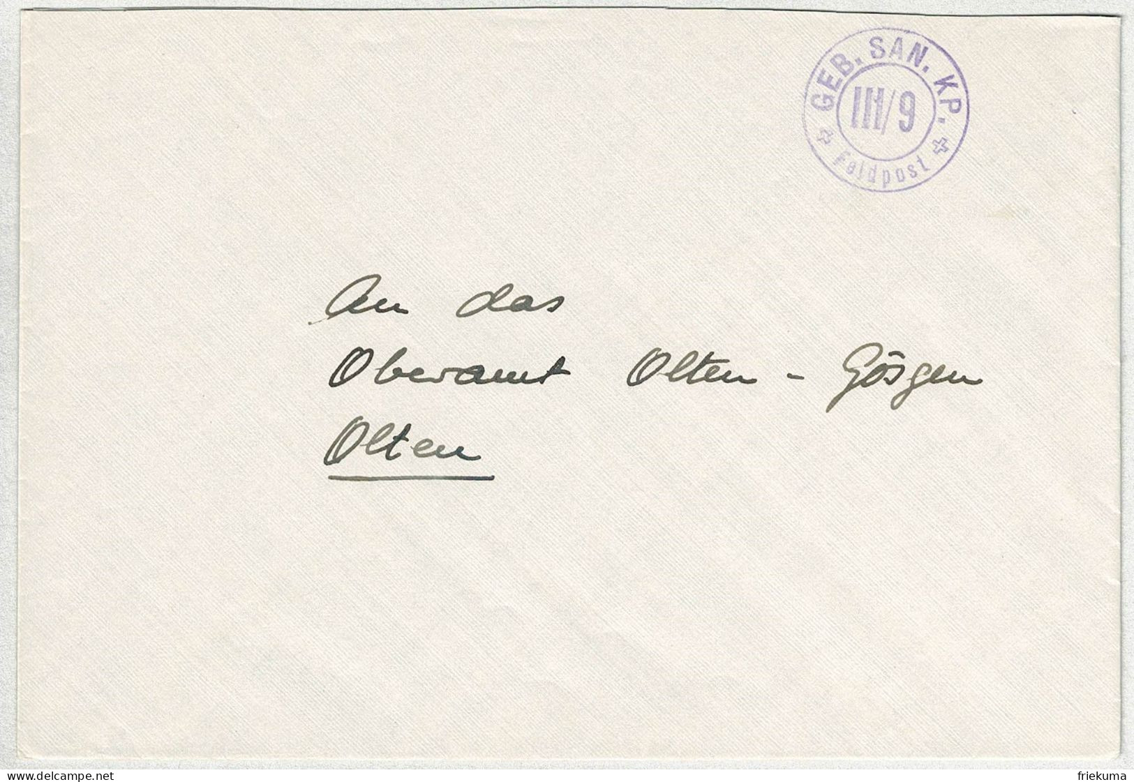 Schweiz, Brief Feldpost Geb.San-KP III/9 - Olten, Courrier Militaire / Field Post - Dokumente