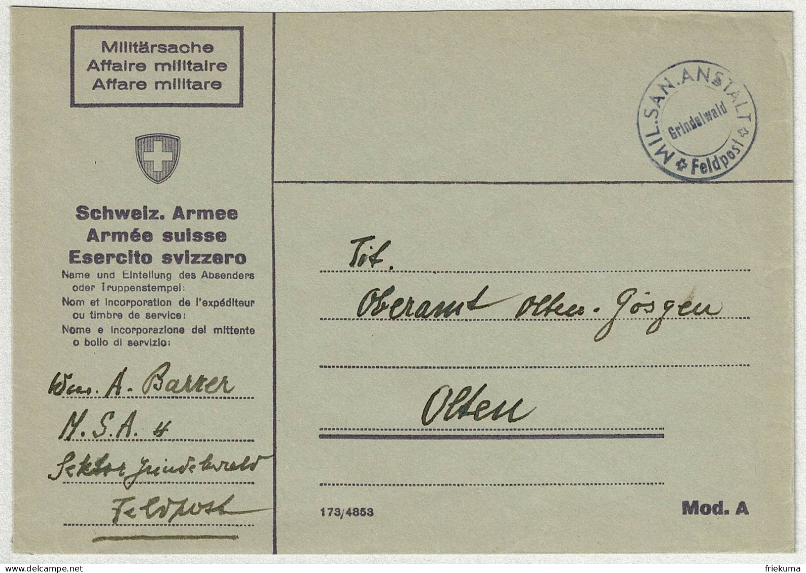 Schweiz, Brief Feldpost Mil.San.Anstalt Grindelwald - Olten, Courrier Militaire / Field Post - Documenten