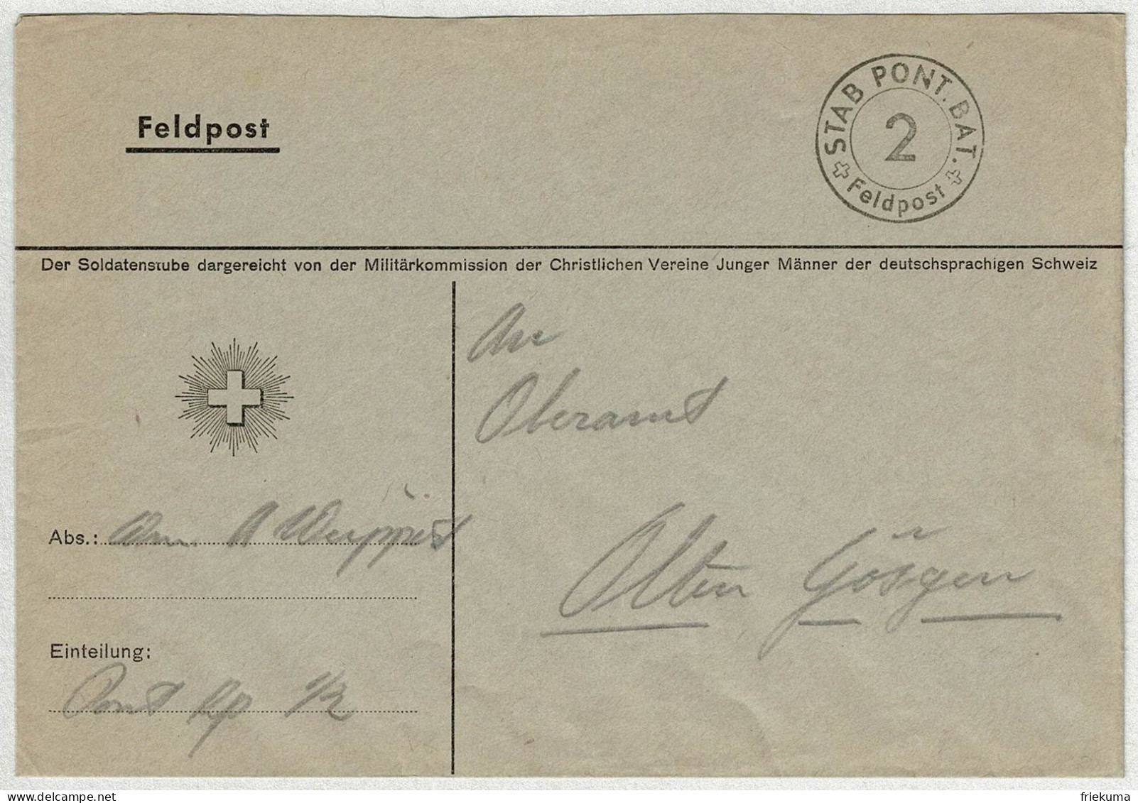 Schweiz, Brief Feldpost Stab Pontonier Kp. II/1 - Olten, Courrier Militaire / Field Post - Documenti