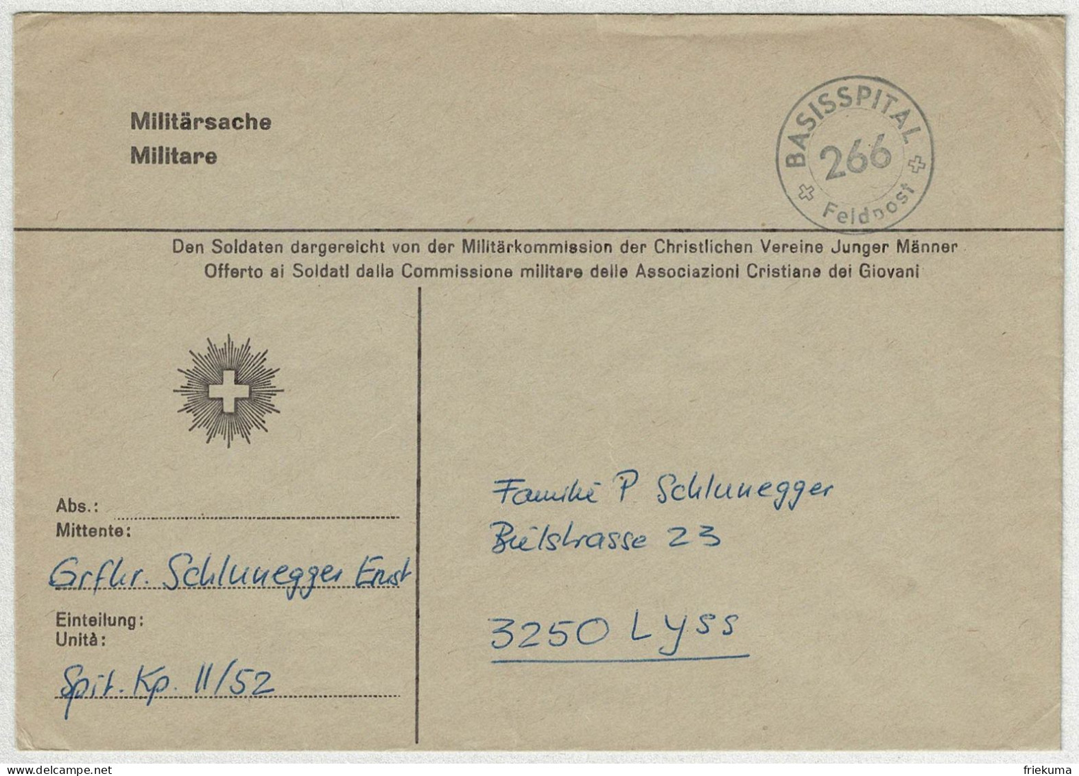 Schweiz, Brief Feldpost Basisspital 266 Nach Lyss, Courrier Militaire / Field Post - Documents