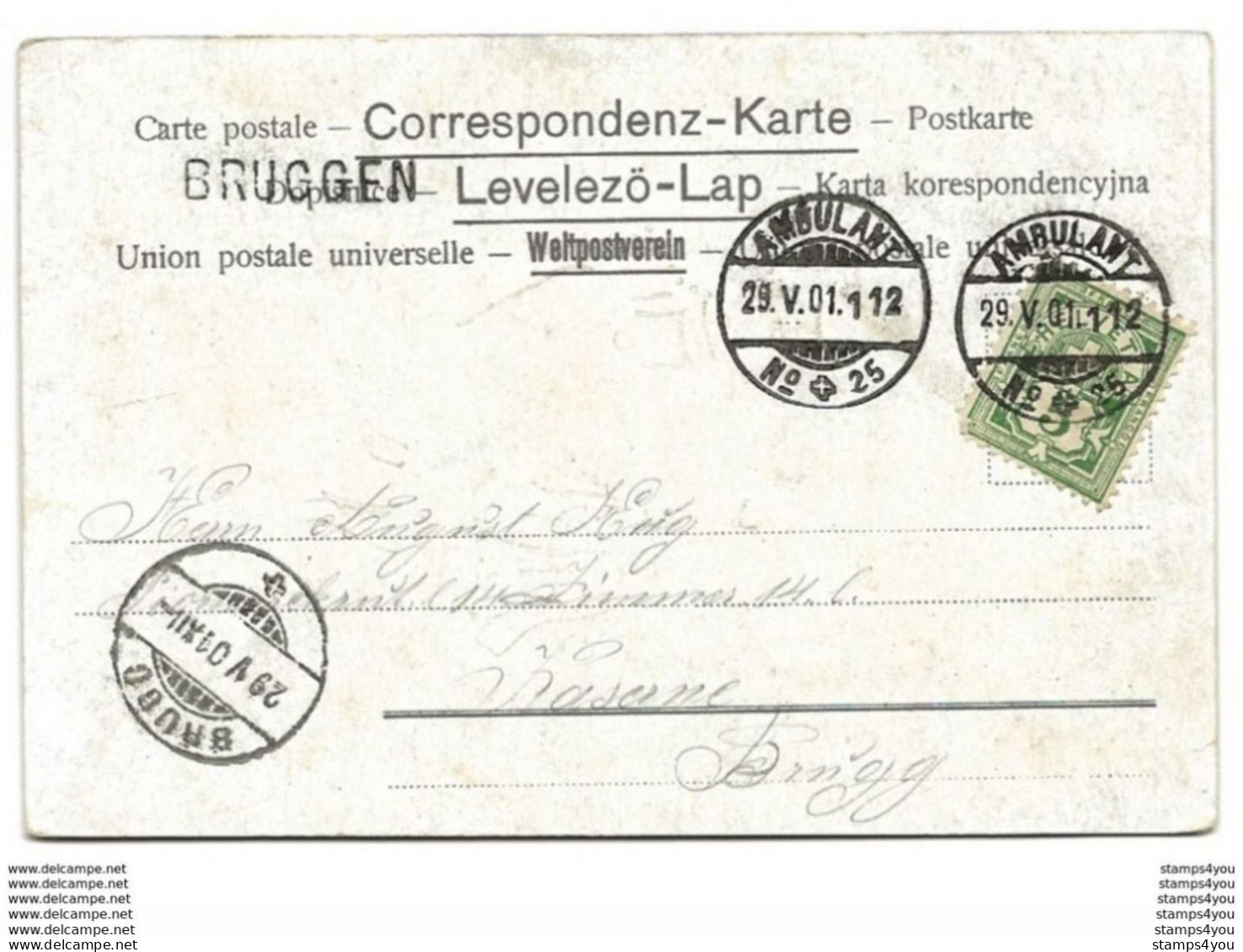 I - 57 - Carte Avec Superbe Cachets "Ambulant" Et Cachet Linléaiure "Bruggen" 1901 - Storia Postale