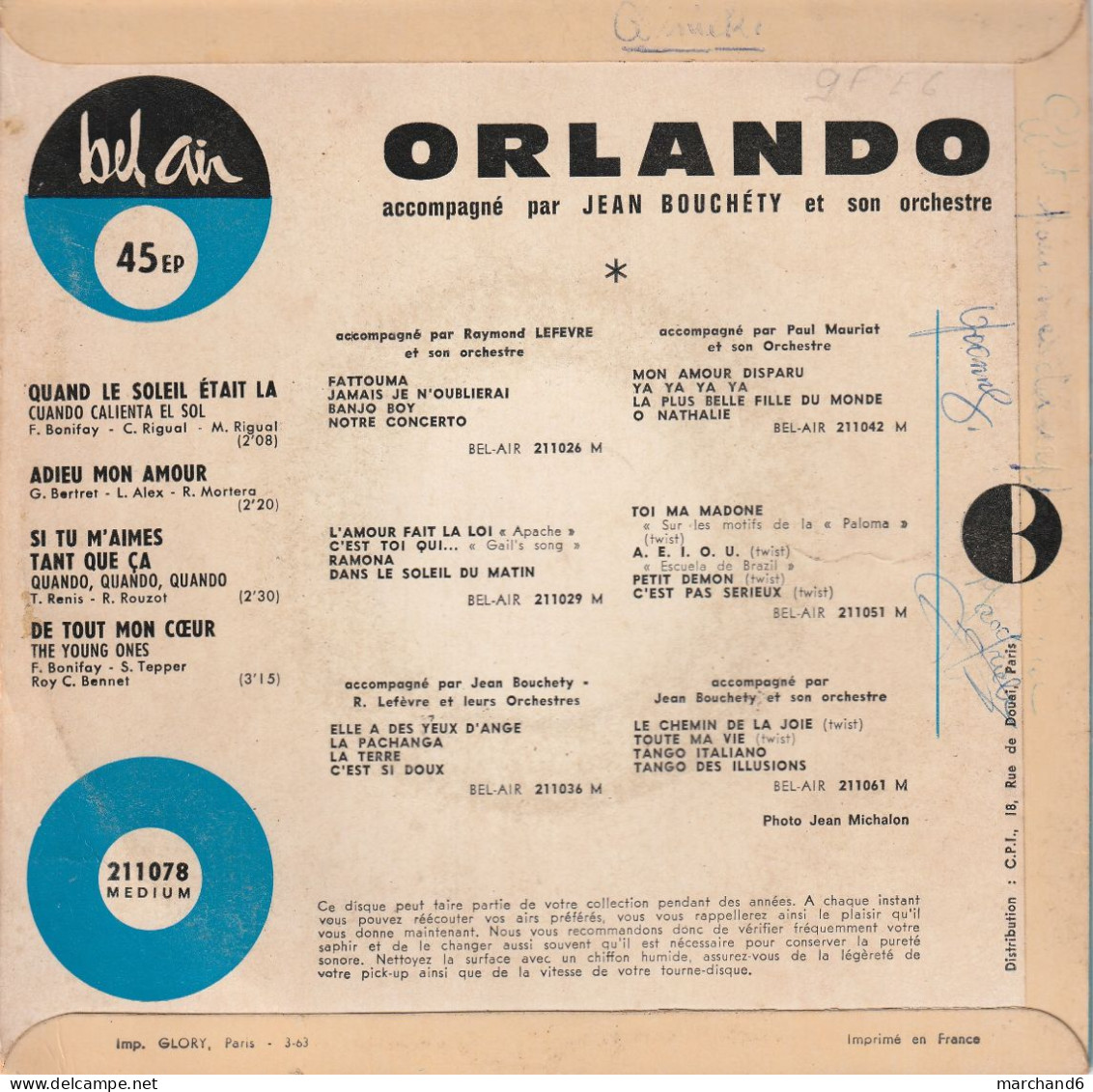 Orlando Bel Air 211 078 3/63 Quand Le Soleil était La/adieu Mon Amour/si Tu M'aimes Tant Que Ca/de Tout Mon Coeur - Autres - Musique Française