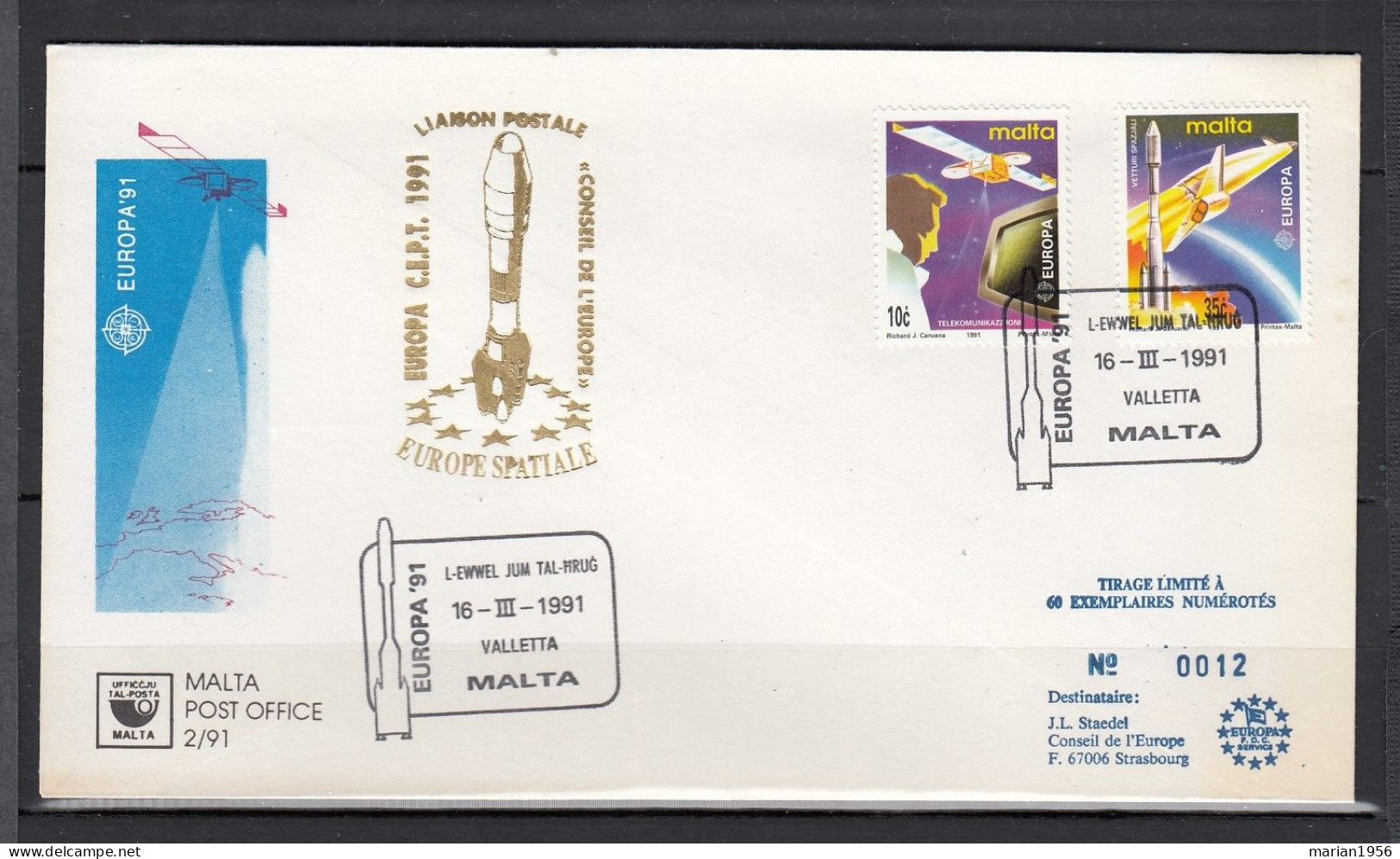 Malte 1991 - FDC Special - EUROPA CEPT - Europe Spatiale - Tirage Limite A 60 Ex.numerotes - 1991