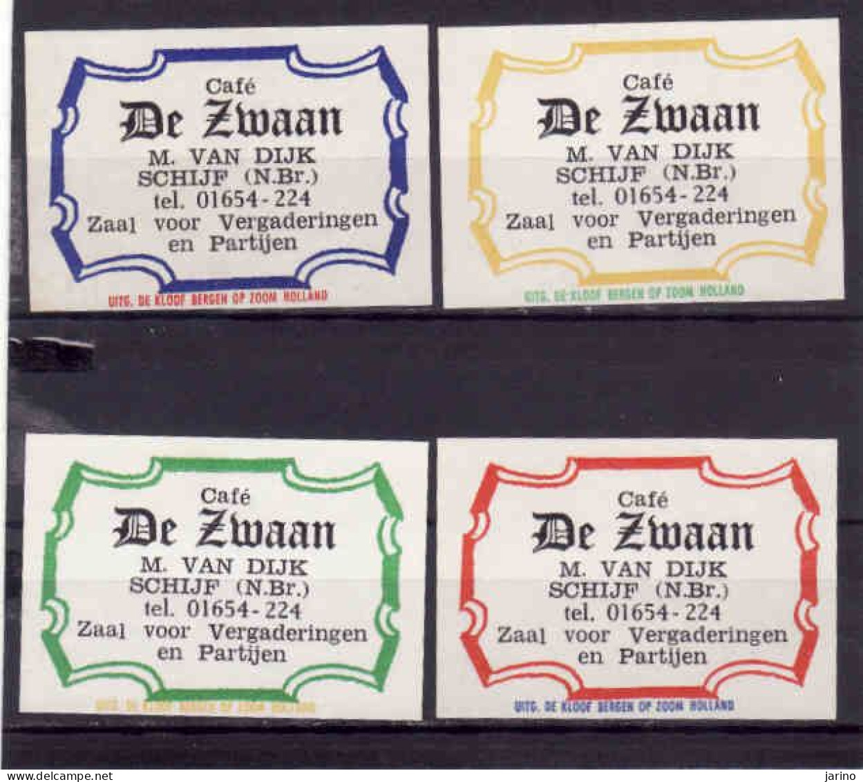 4 Dutch Matchbox Labels, SCHIJF - North Brabant, Café De ZWAAN, M. Van Dijk, Holland, Netherlands - Zündholzschachteletiketten