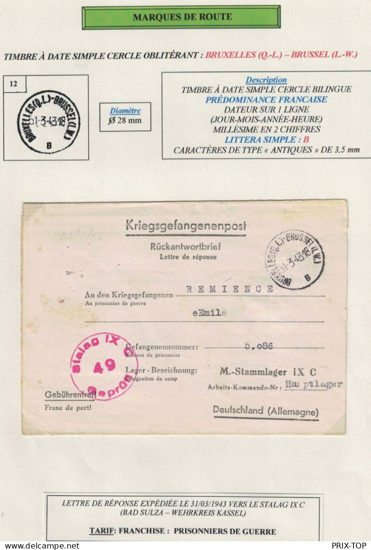 POW-PDG-KFG Post Remience De Houffalize Obl. BXL QL 31/3/46 > Stalg IX C Censure Du Camp 49 Geprüft - WW II (Covers & Documents)