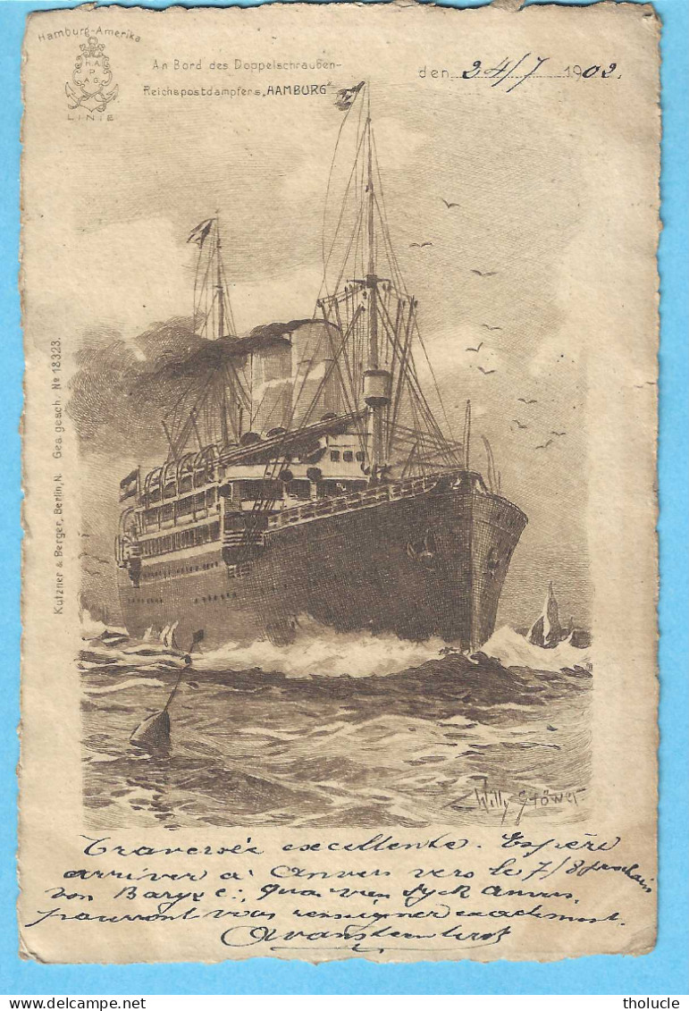 Hamburg-Amerika Linie-1902-An Bord Des Doppelschrauben-Reichspost Dampfers "Hamburg"-Artiste Lithographie Willy Stöwer - Piroscafi