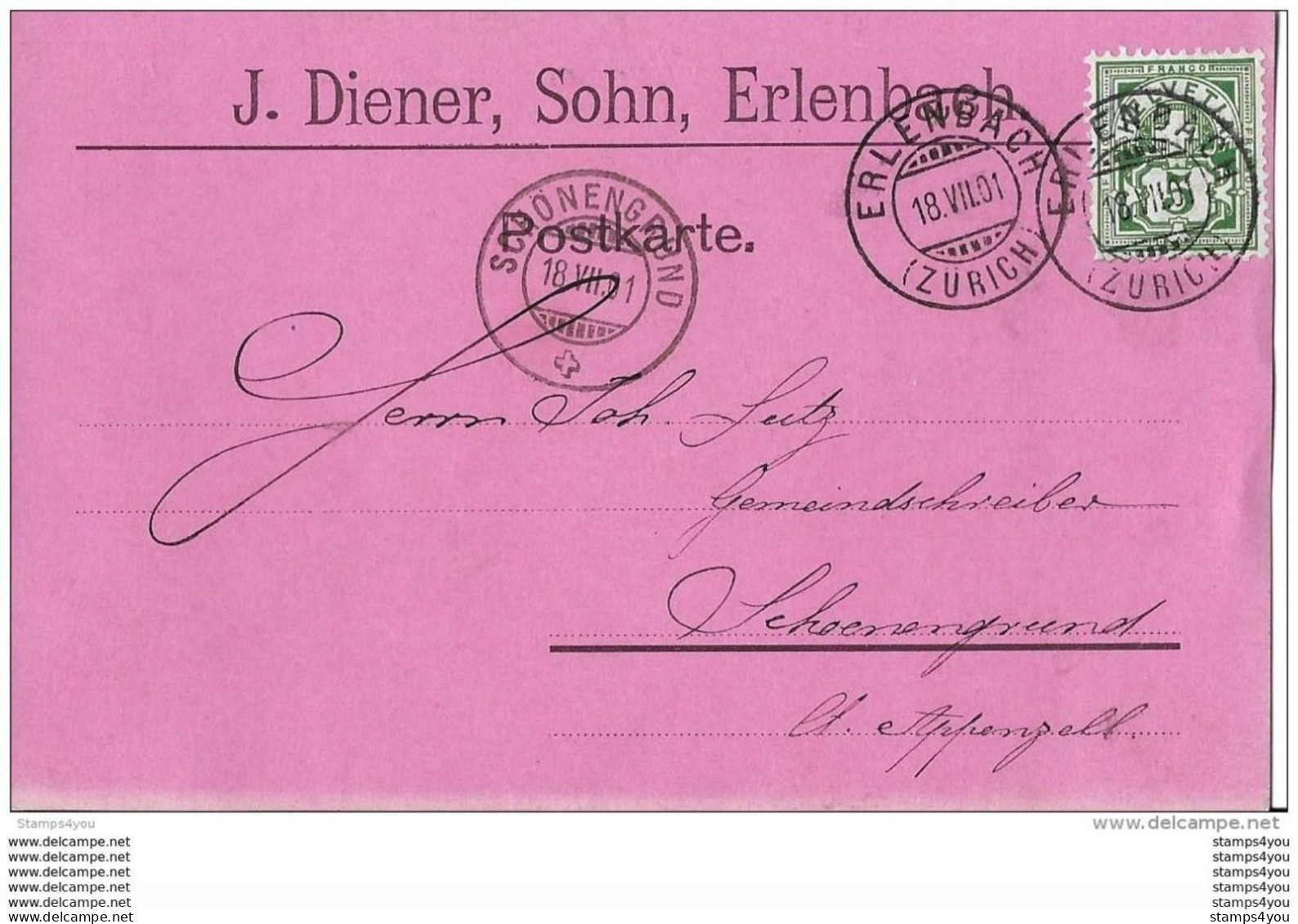 75 - 60 - Carte Avec Superbes Cachets à Date D'Erlenbach Et Schönenegrund 1901 - Storia Postale