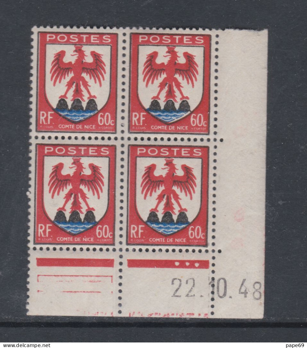 France N° 758 XX : Armoiries De Pro. : Nice  En Bloc De 4 Coin Daté Du  22 . 10 . 48 : 3 Points Blancs Sans Char. TB - 1940-1949