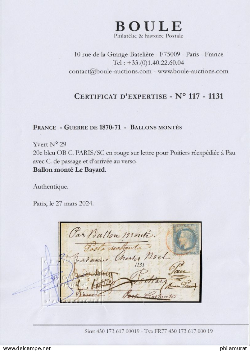 Ballon Monté "Le Bayard" Oblitéré Rouge PARIS SC Pour Poitiers, TB - Certificat - 1863-1870 Napoléon III Lauré