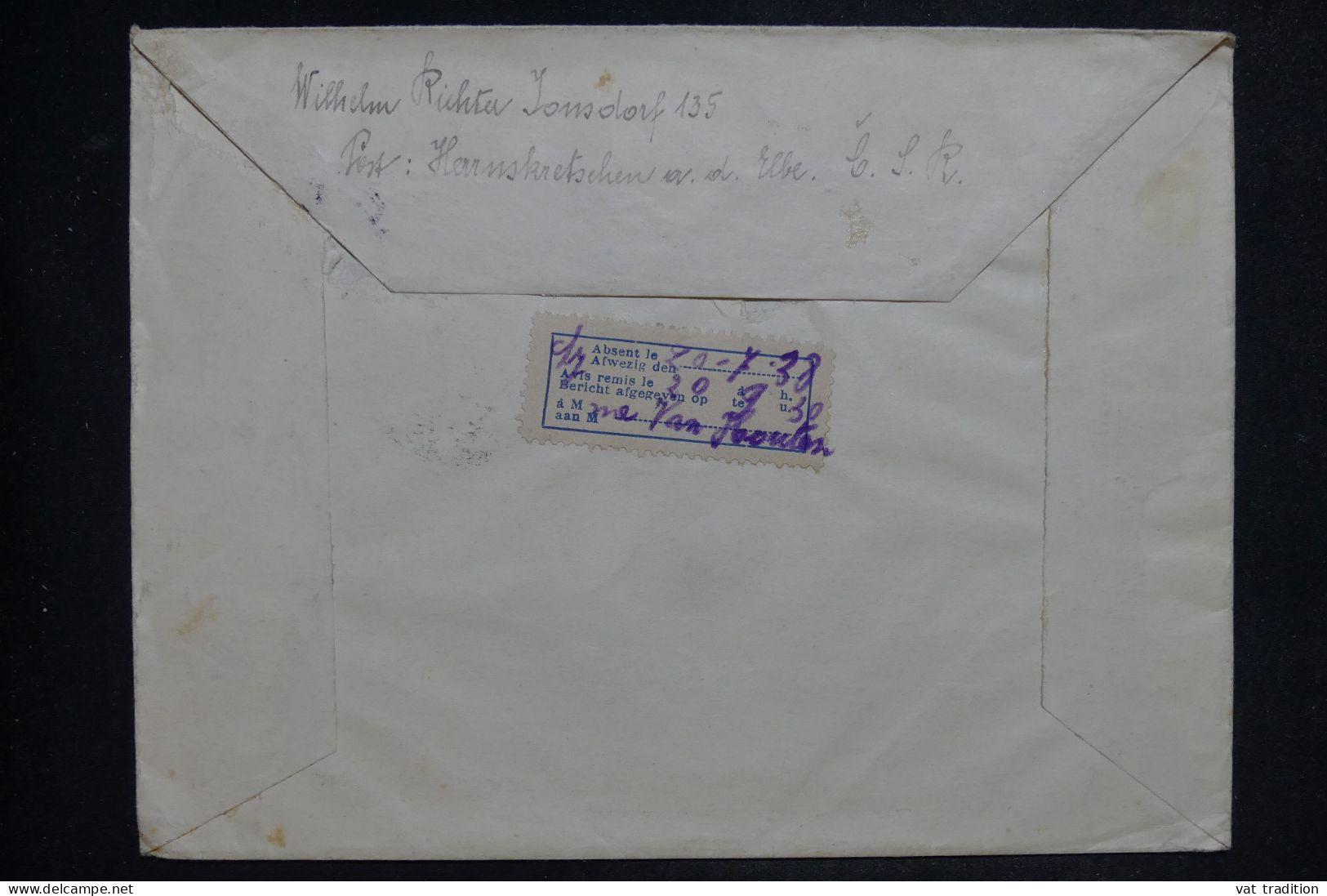 TCHÉCOSLOVAQUIE - Enveloppe  En Recommandé De Arnoltice Pour La Belgique En 1938 Avec étiquette Belge Au Dos - L 152029 - Cartas & Documentos