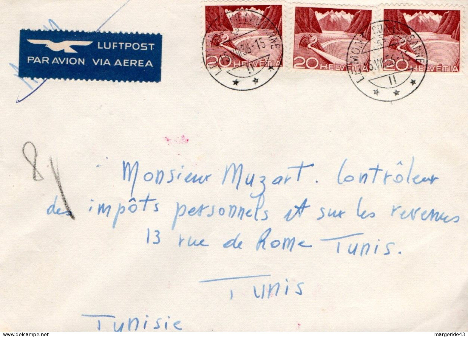 SUISSE AFFRANCHISSEMENT COMPOSE SUR LETTRE POUR LA TUNISIE 1956 - Lettres & Documents