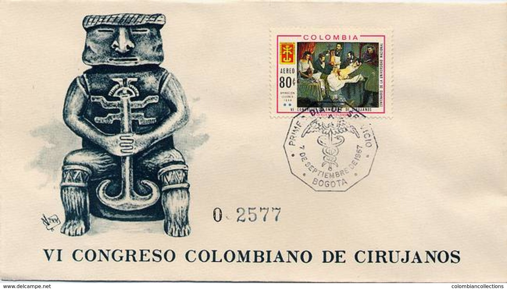 Lote 1145F, Colombia, 1967, SPD-FDC, VI Congreso De Cirujanos, Medical Surgeon, Indigenous Themes - Colombie