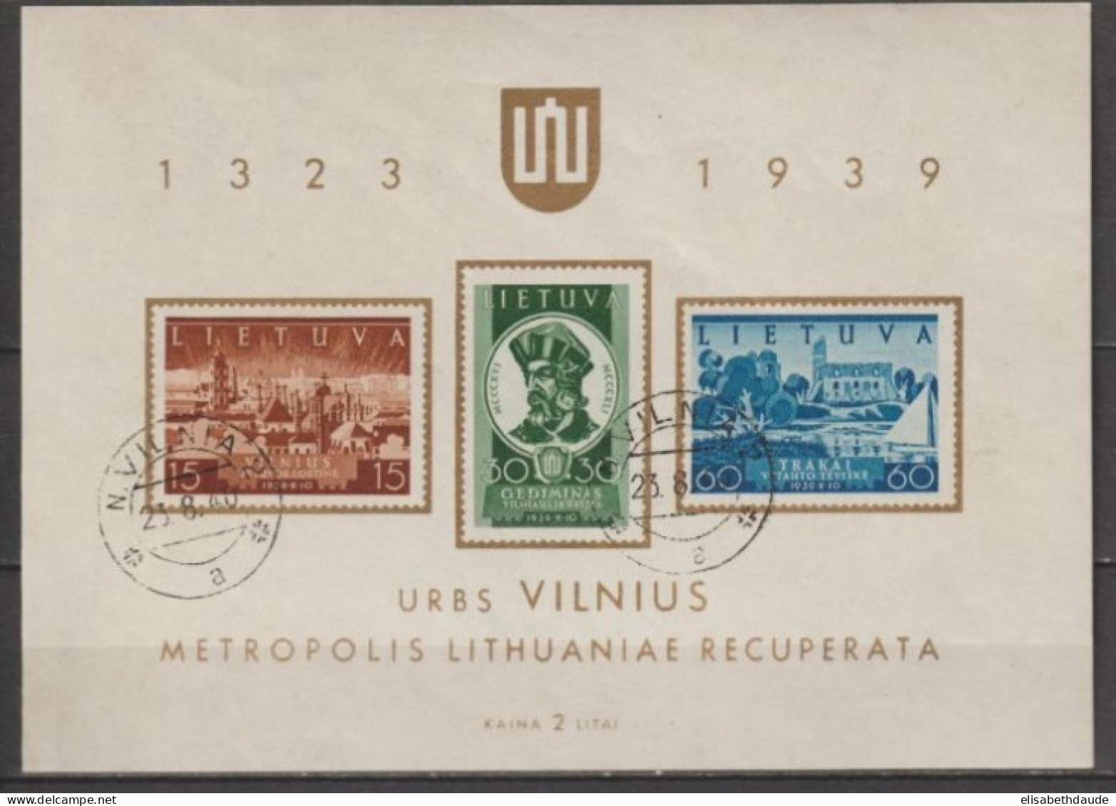 1939 - LITUANIE - BLOC YVERT N° 2 ** MNH OBLITERATION N.VILNIA - COTE = 25 EUR. - Lituania