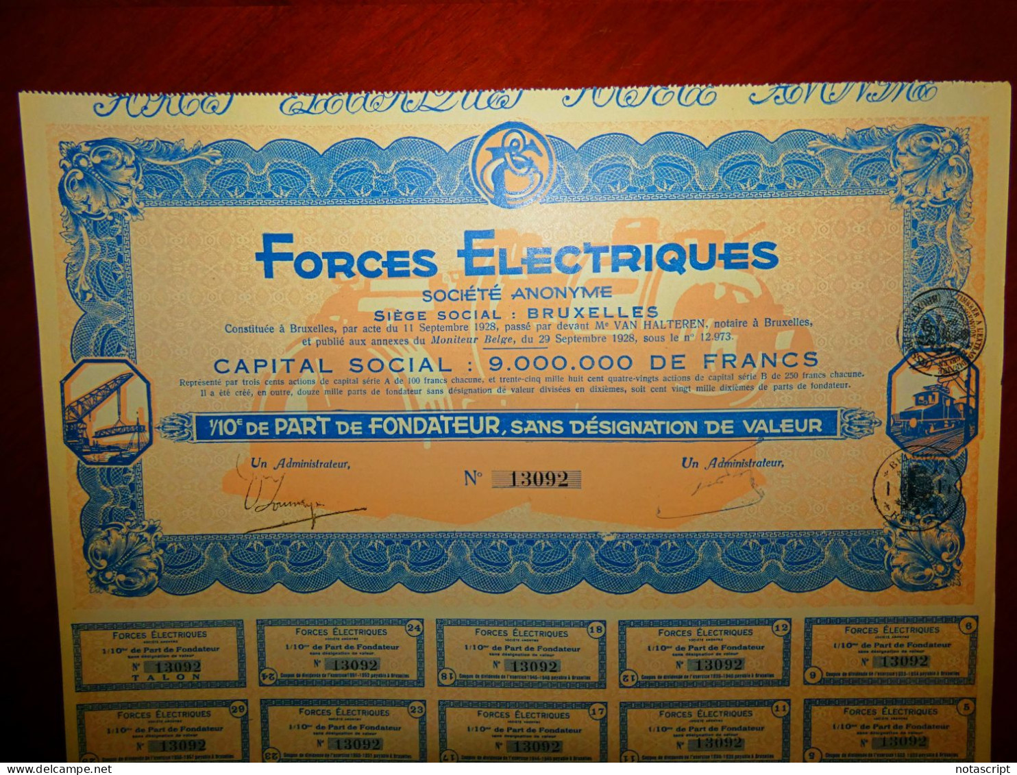 Forces Electriques SA 1928 Brussels ,share Certificate - Electricité & Gaz