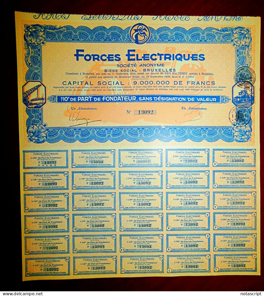 Forces Electriques SA 1928 Brussels ,share Certificate - Electricidad & Gas