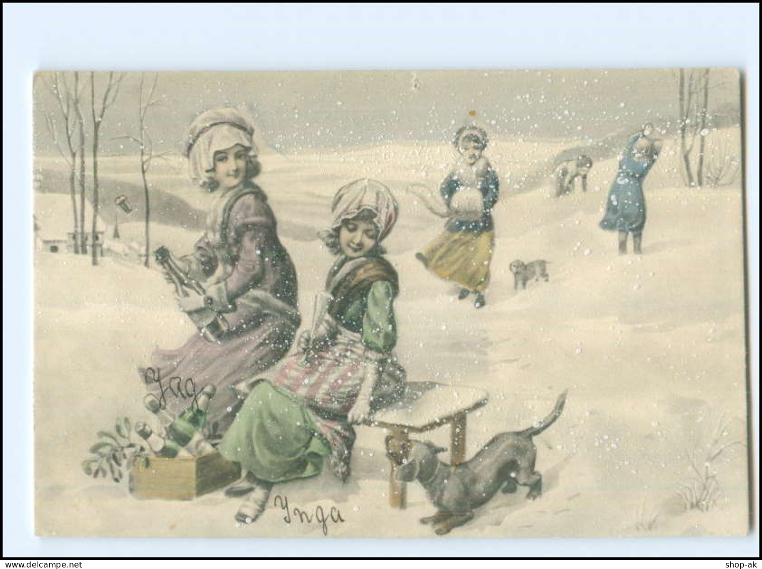 S4133/ Kinder Im Schnee Mit Dackel Dachshund Künstler AK V.K. Vienne  Ca.1912 - Hunde