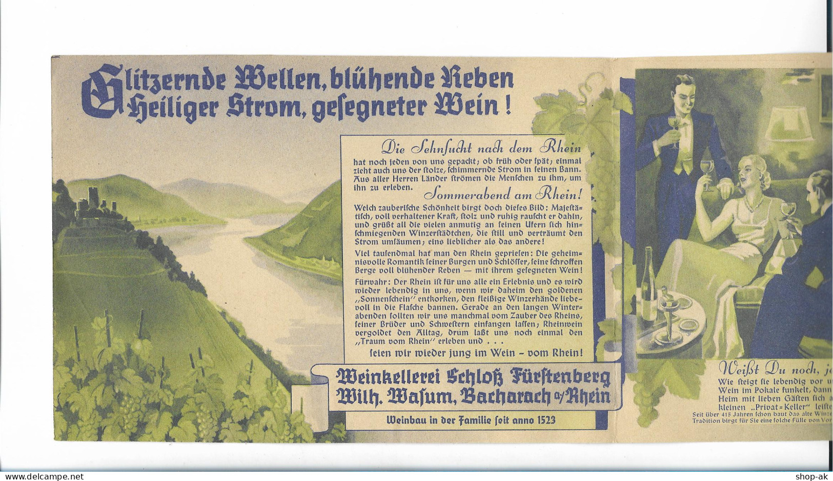 C5327/ Weinkellerei Schloss Fürstenberg Bacharach Werbung Faltblatt 30er Jahre - Publicidad