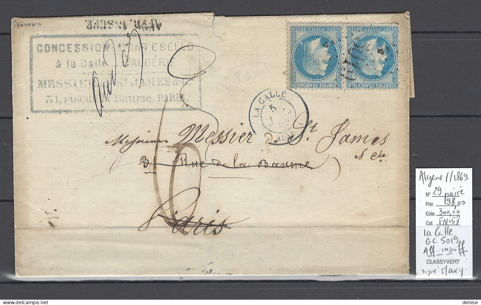 Algérie - Lettre De LA CALLE - GC5019 -   Yvert 29 Paire - AFFRANCHISSEMENT INSUFFISANT - 1869 - 1849-1876: Classic Period