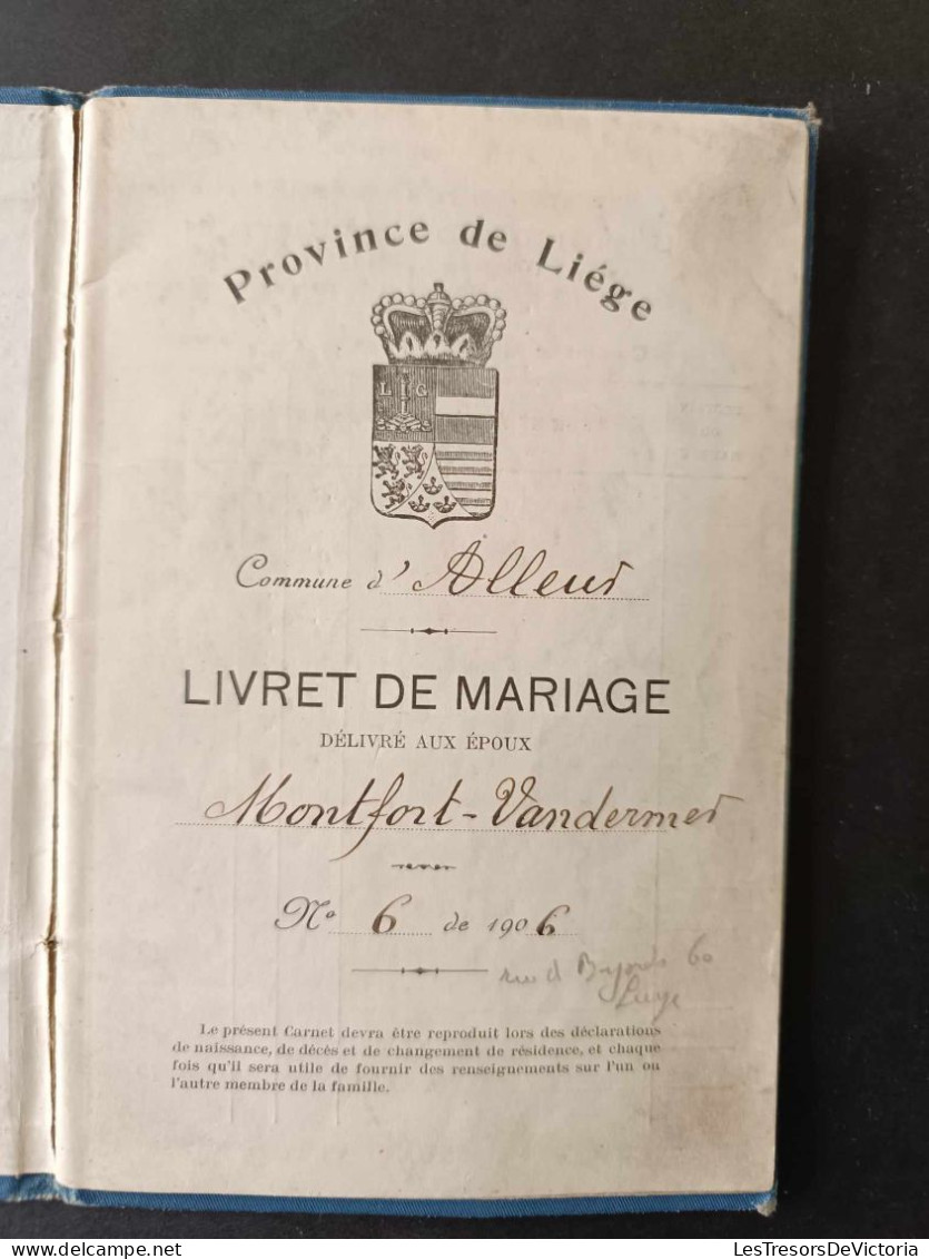 Carnet De Mariage Commune D'Alleux - Montfort Vandermet - Province De Liège - Mitgliedskarten