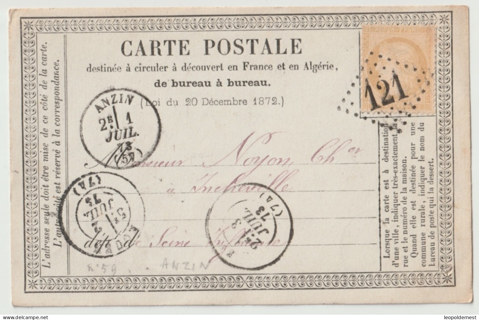 FRANCE - PRECURSEUR Sur Carte. CERES 15ct. GROS CHIFFRES. 121. - 1870 Siege Of Paris