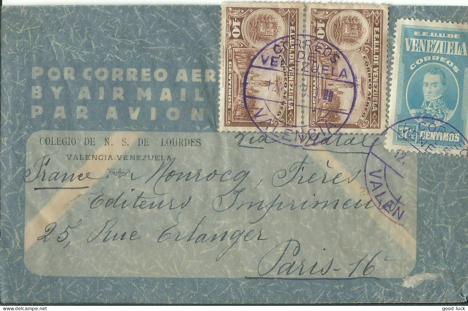 VENEZUELA LETTRE PAR AVION 117,50c  VALENCIA POUR PARIS DE 1930 LETTRE COVER - Venezuela