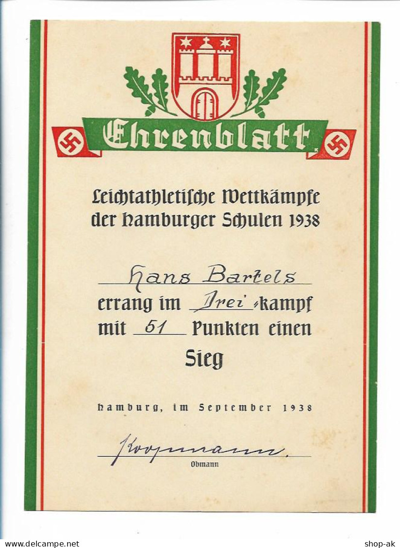 MM0897/ Ehrenblatt Urkunde Leichtathletik Schul-Wettkämpfe Hamburg 1938  - Altri & Non Classificati