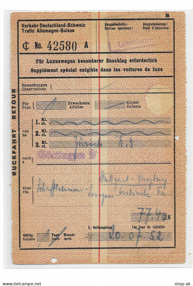 MM0843/ Fahrkarte Deutschland - Schweiz 1952 - Chemin De Fer