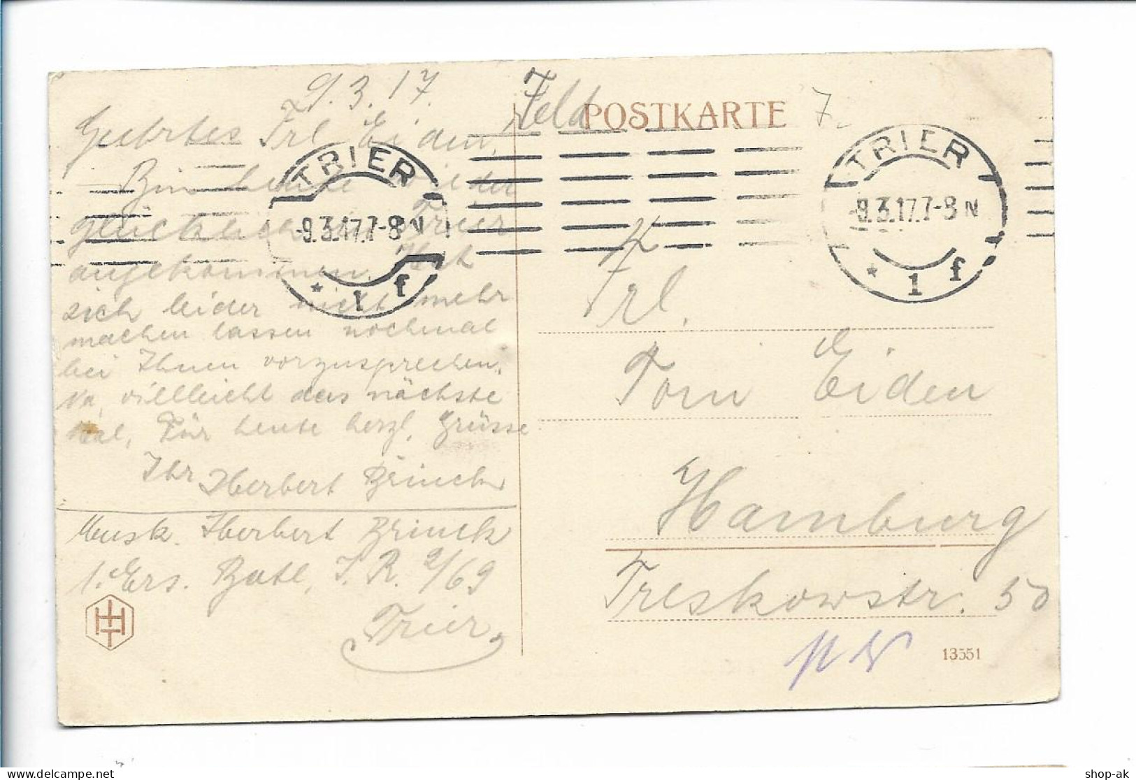 V4693/ Trier Hornkaserne  20. Inf.-Regiment AK 1917 - Guerre 1914-18