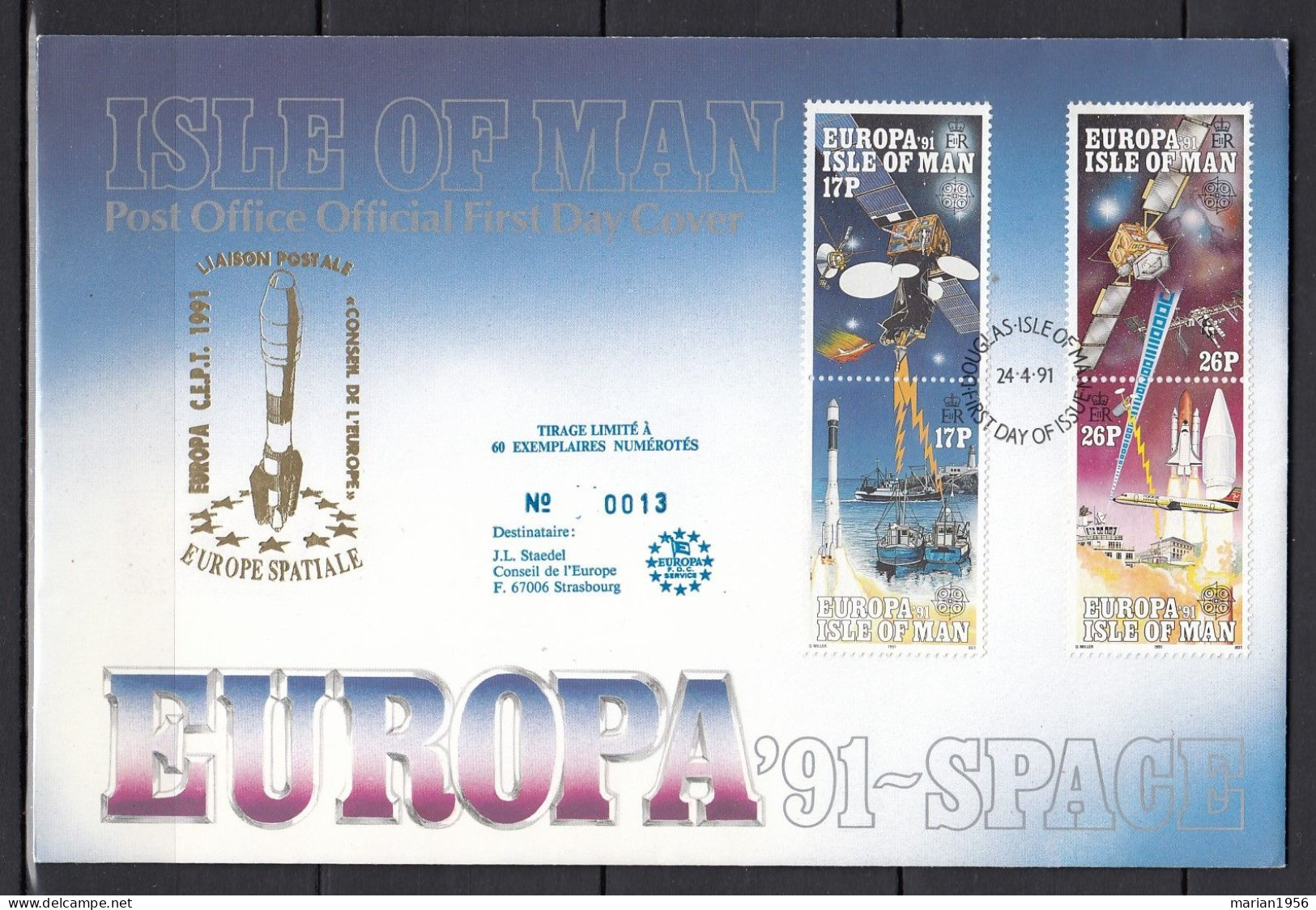 Ile De Man 1991 - FDC Special - EUROPA CEPT - Europe Spatiale - Tirage Limite A 60 Ex.numerotes - 1991