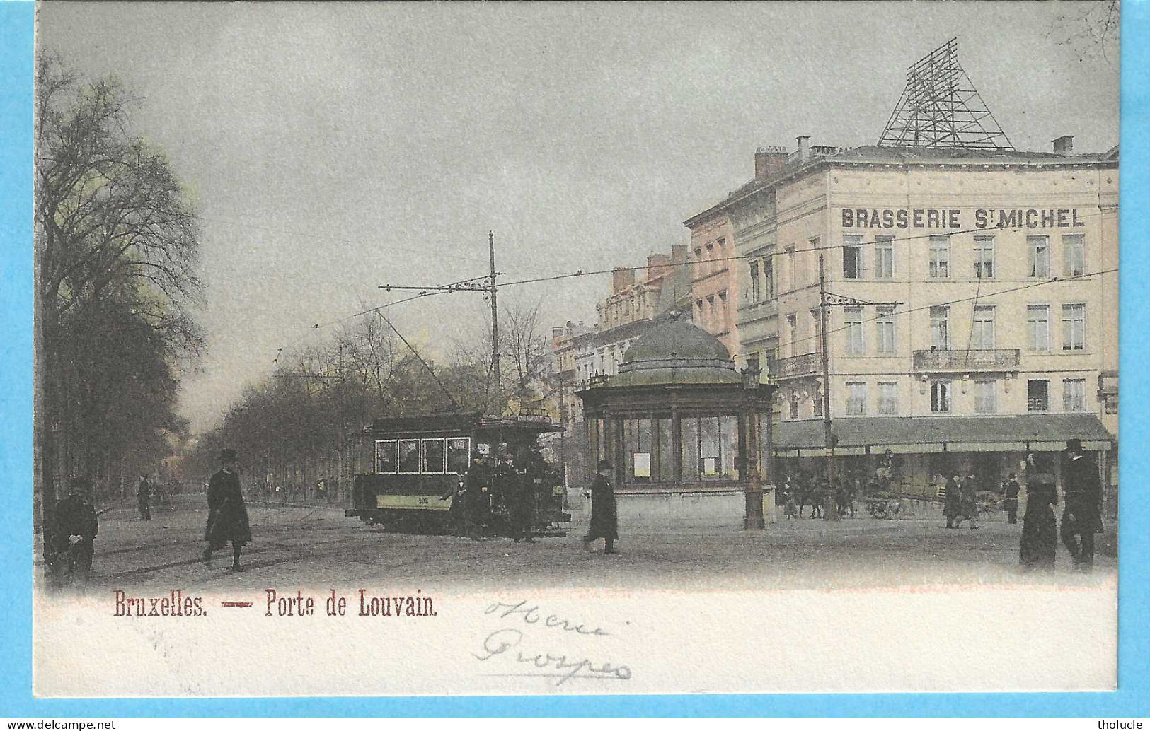 Bruxelles-+/-1900-Porte De Louvain-Kiosque-Tram-tramway-Strassenbahn-Brasserie Saint-Michel-Animée-Colorisée - Marktpleinen, Pleinen