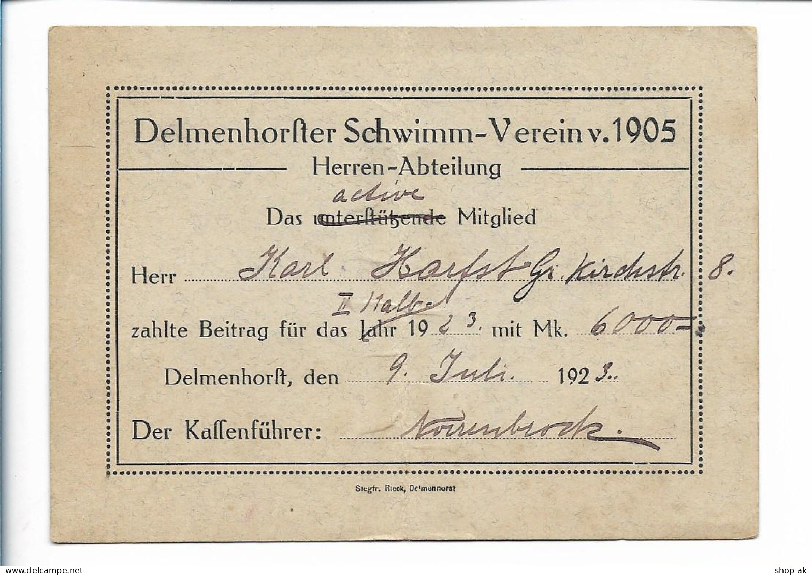 Y24868/ Mitgliedskarte Delmenhorst Schwimm-Verein 1923 - Non Classés