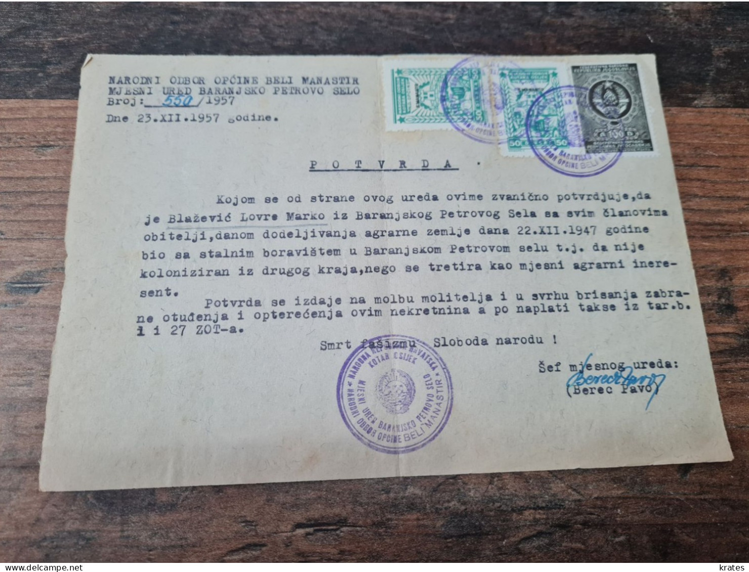 Old Personal Documents - Confirmation, Certification, Tax Stamps Yugoslavia, Croatia, Beli Manastir - Unclassified