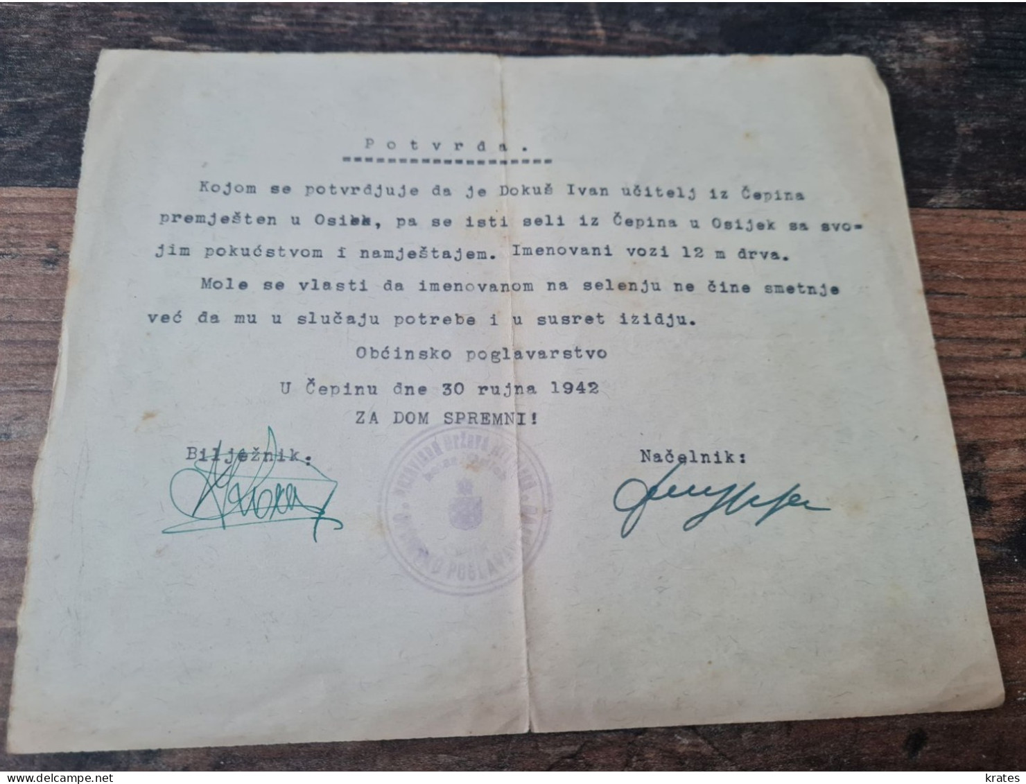 Old Personal Documents - Confirmation, Certification, Croatia, NDH - Unclassified