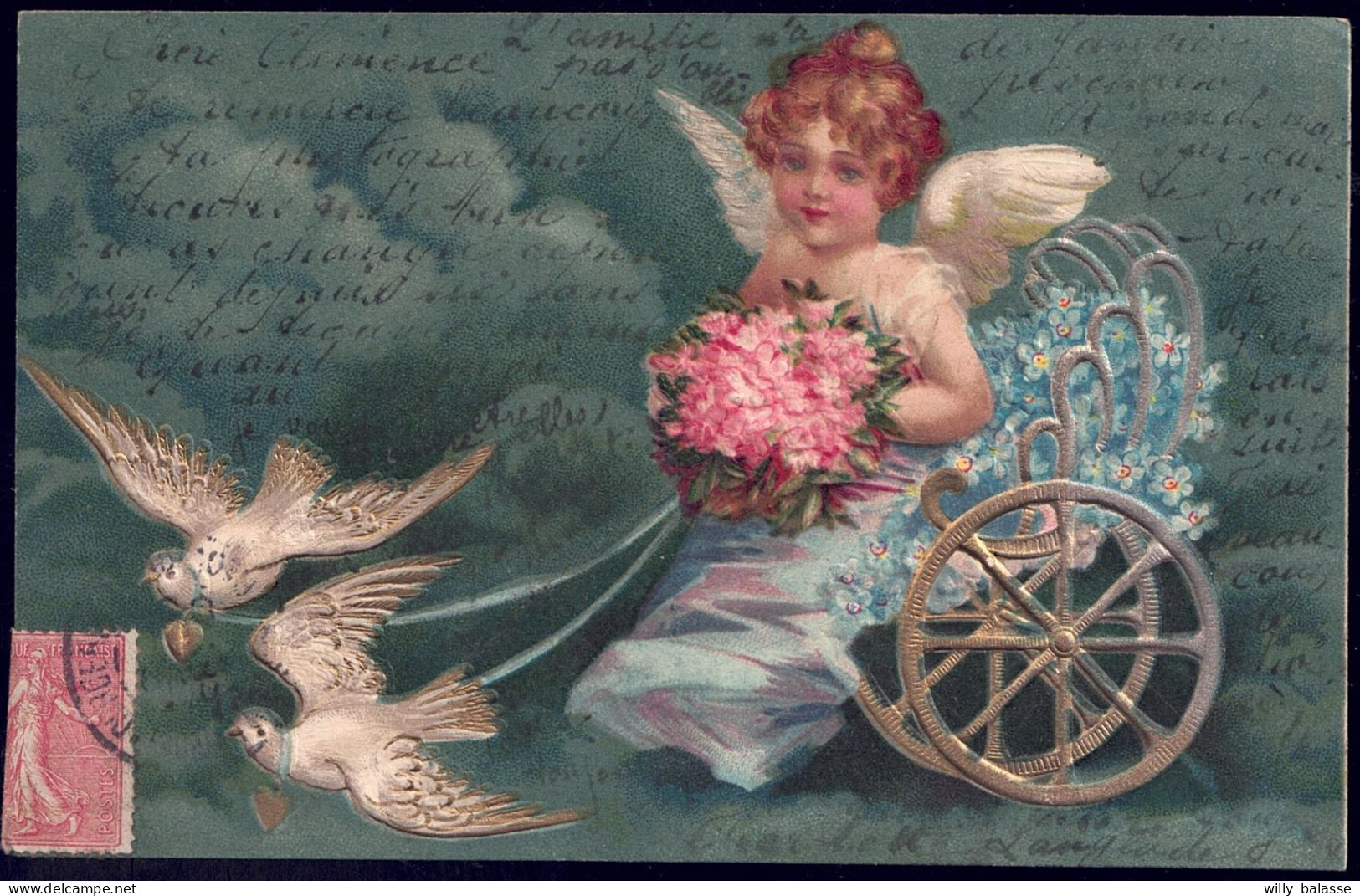 +++ CPA - Fantaisie - Gaufrée Relief - Ange - Angelot - Colombes - Fleurs Roses - Myosotis - Dorures - 1905   // - Anges