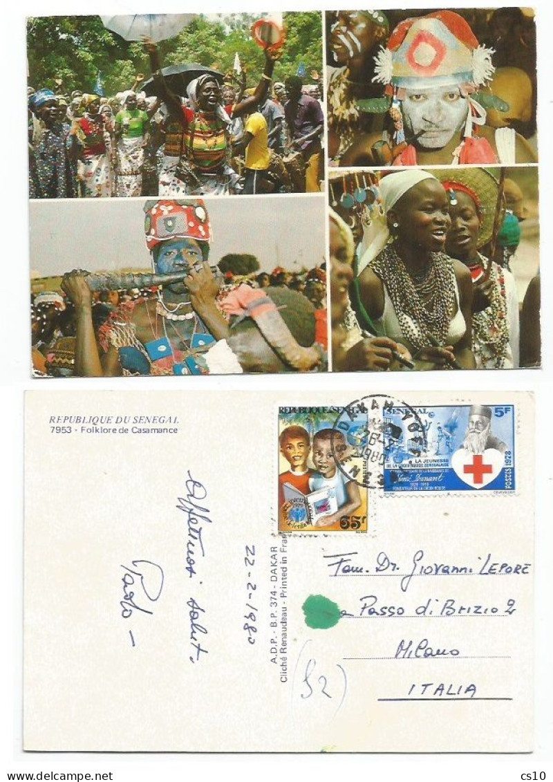 Red Cross Dunant Senegal Issue F5 + Unicef 1979 Pcard Folklore Casamance Senegal Dakar 22feb1980 - Red Cross