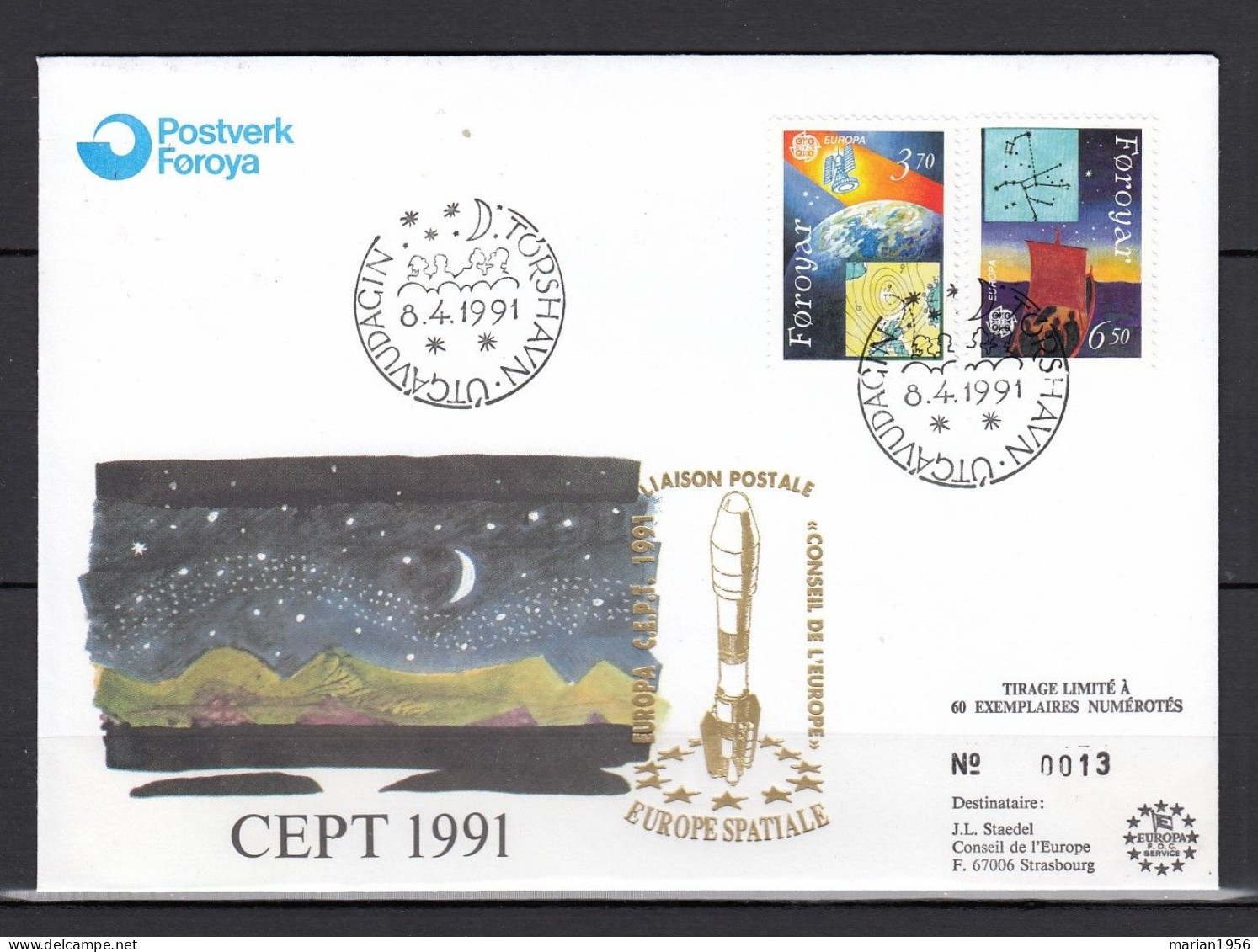 Feroe(Iles) 1991 - FDC Special - EUROPA CEPT - Europe Spatiale - Tirage Limite A 60 Ex.numerotes - 1991