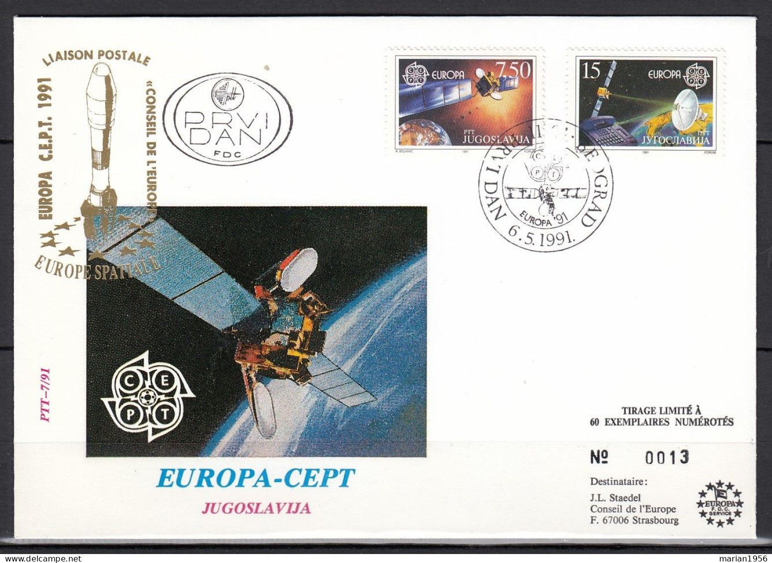 Yougoslavie 1991 - FDC Special - EUROPA CEPT - Europe Spatiale - Tirage Limite A 60 Ex.numerotes - 1991