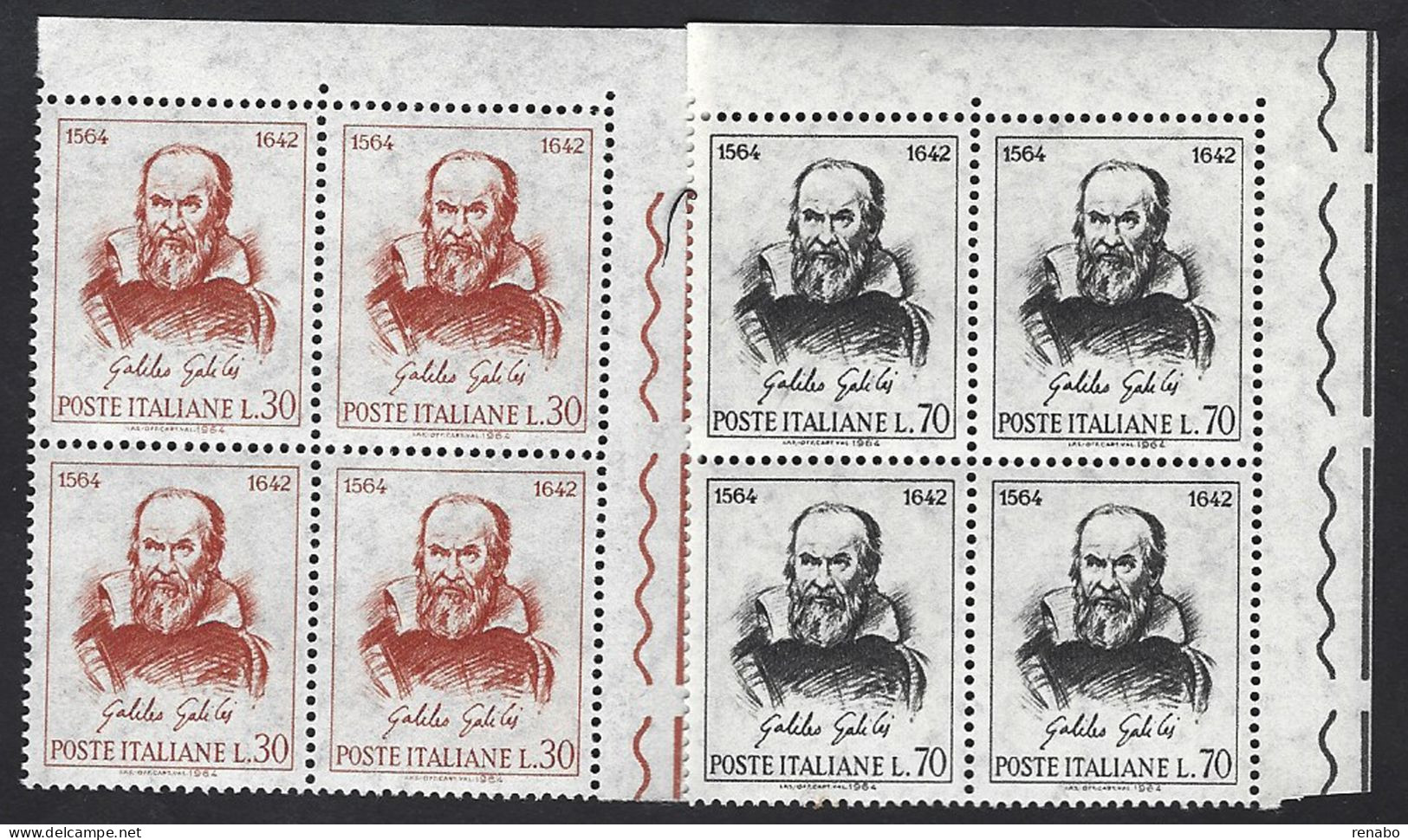 Italia 1964; Galileo Galilei (1564-1642), Fisico, Astronomo, Filosofo E Matematico. Serie Completa In Quartine Di Angolo - 1961-70: Nieuw/plakker