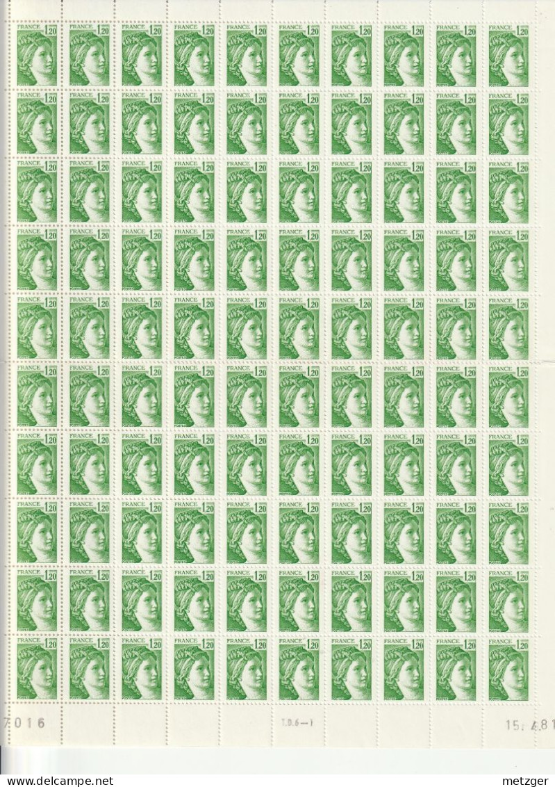 Feuille Complète De 100 Timbres Du N° 2101 Sabine 1f20 Vert - Feuilles Complètes