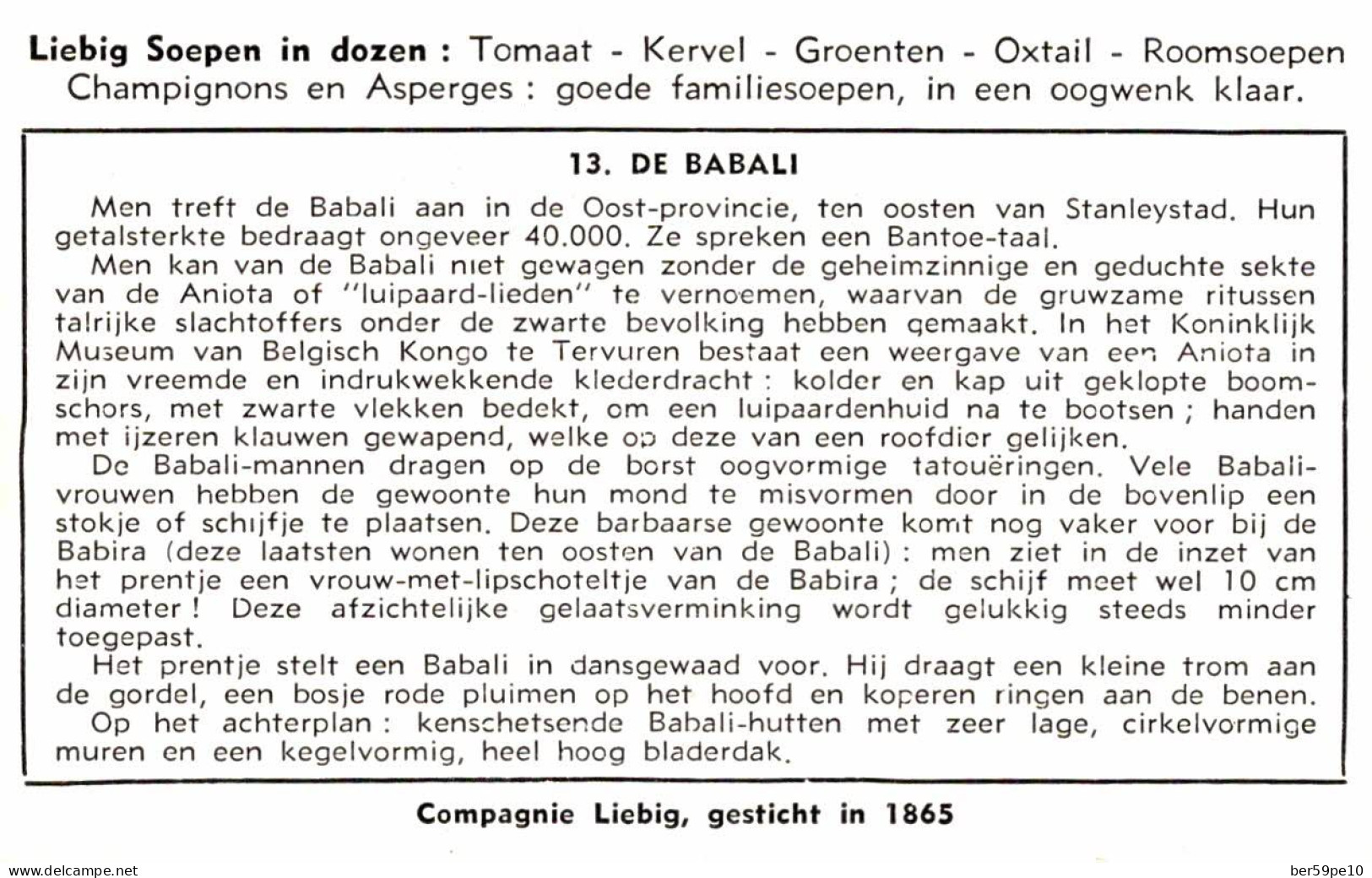 CHROMO COMPAGNIE LIEBIG VOLKSSTAMMEN VAN BELGISCH KONGO N°13 DE BABALI - Liebig