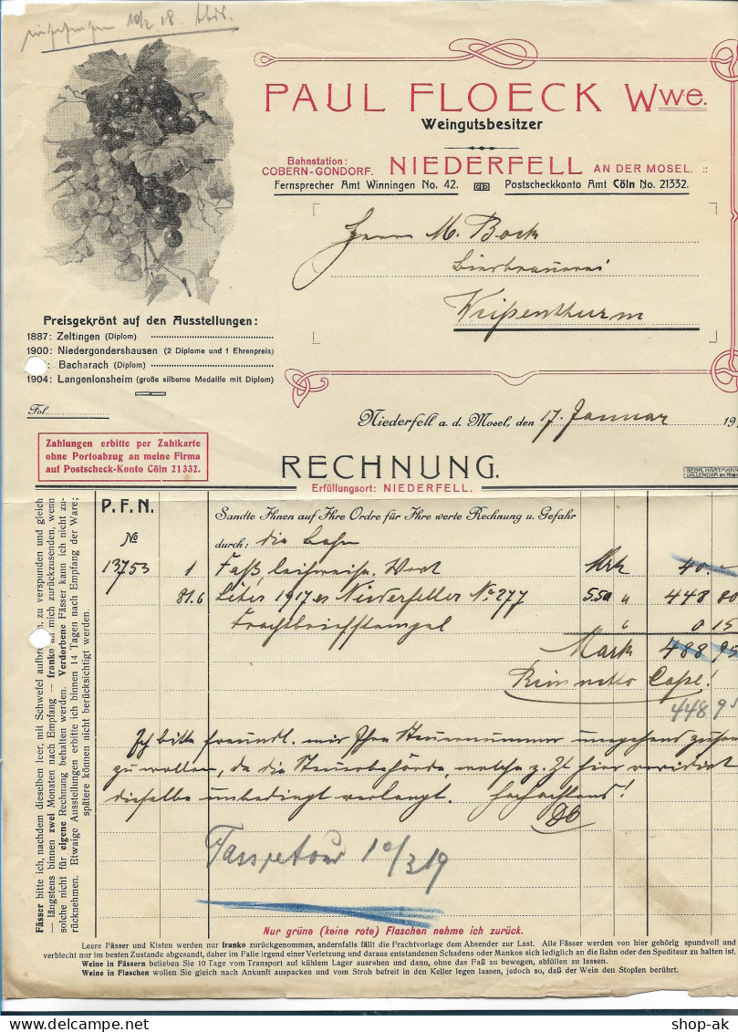 C4287/ Rechnung Floeck Wwe.  Weingut,  Niederfell A.d. Mosel  1919 - Other & Unclassified